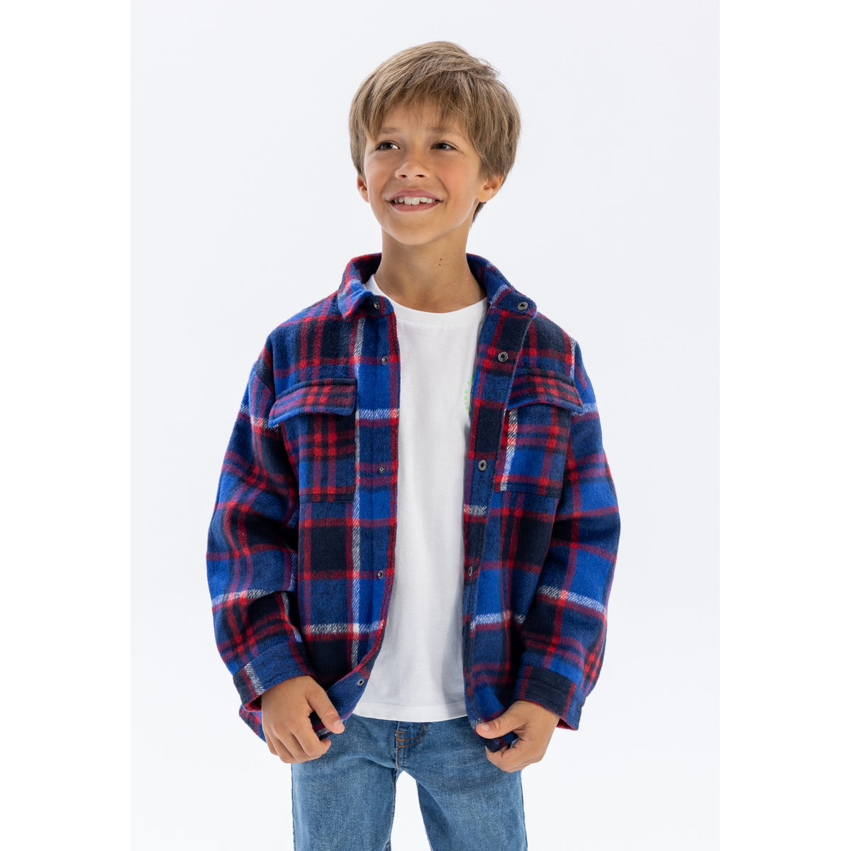 Boys' check shacket in blue, red, navy and white — complete product view for square Shop card