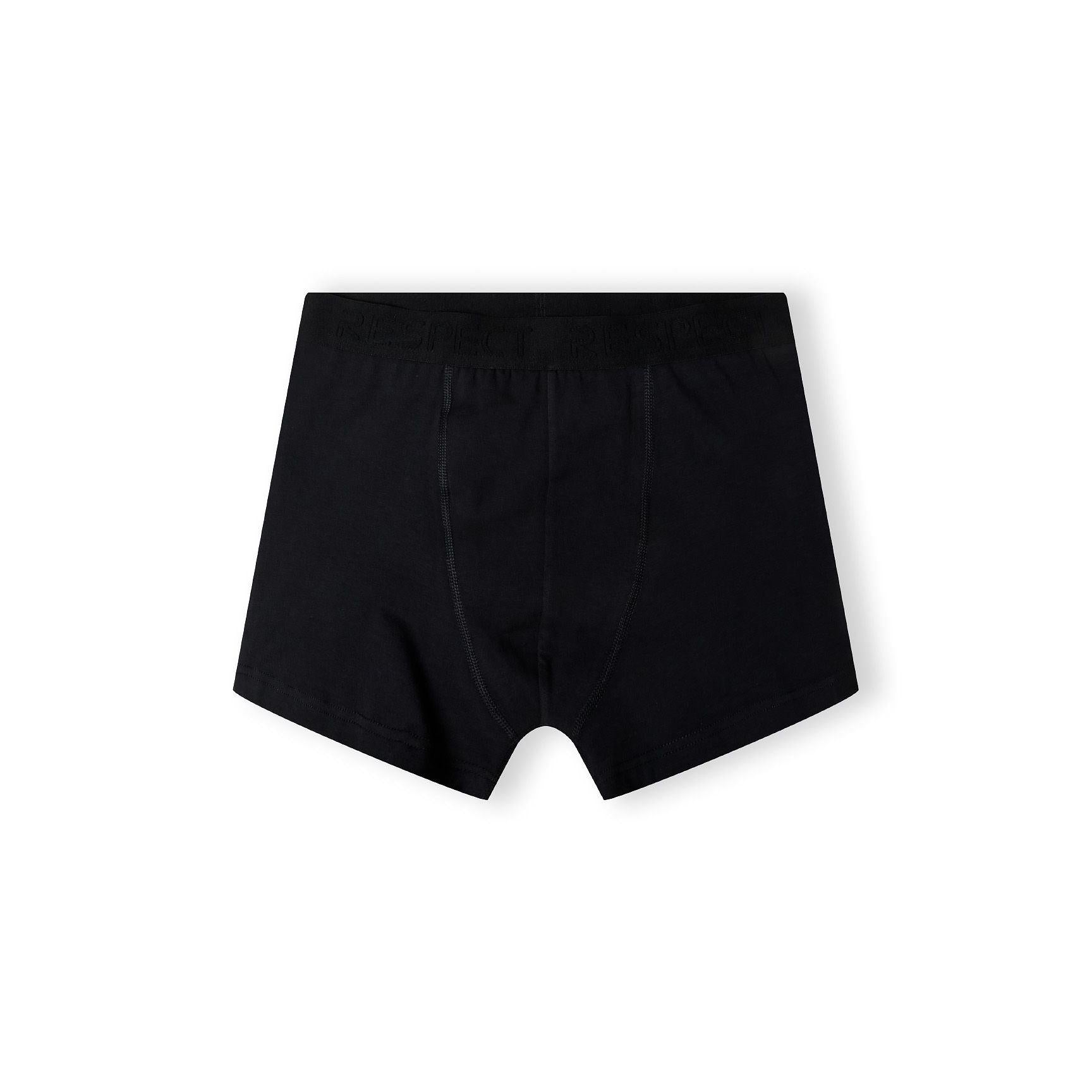 Single black cotton boxer shorts with elastic waistband and functional fly opening on white background