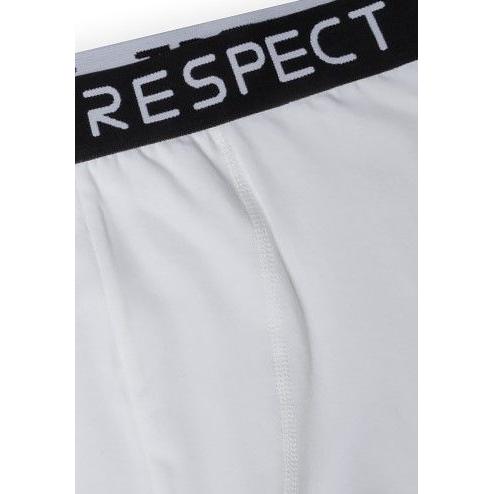 Close-up detail of black waistband showing white RESPECT text and front seam construction