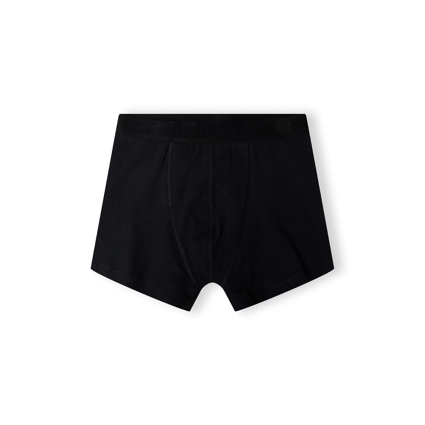 Close-up detail of black boxer shorts showing elastic waistband construction and fabric texture
