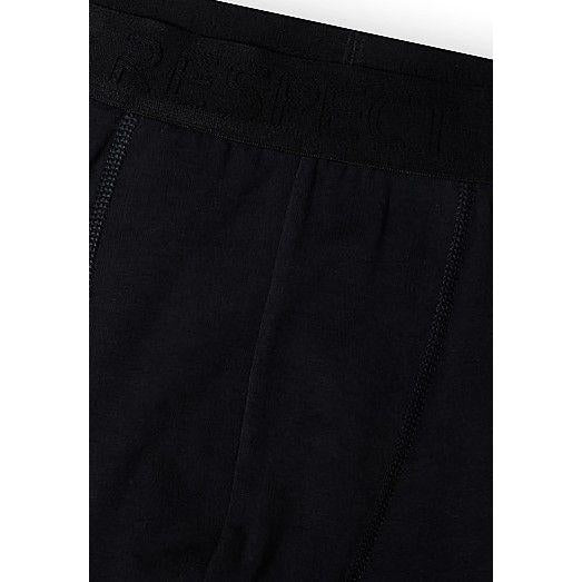 Close-up detail of black boxer shorts showing elastic waistband construction and fabric texture