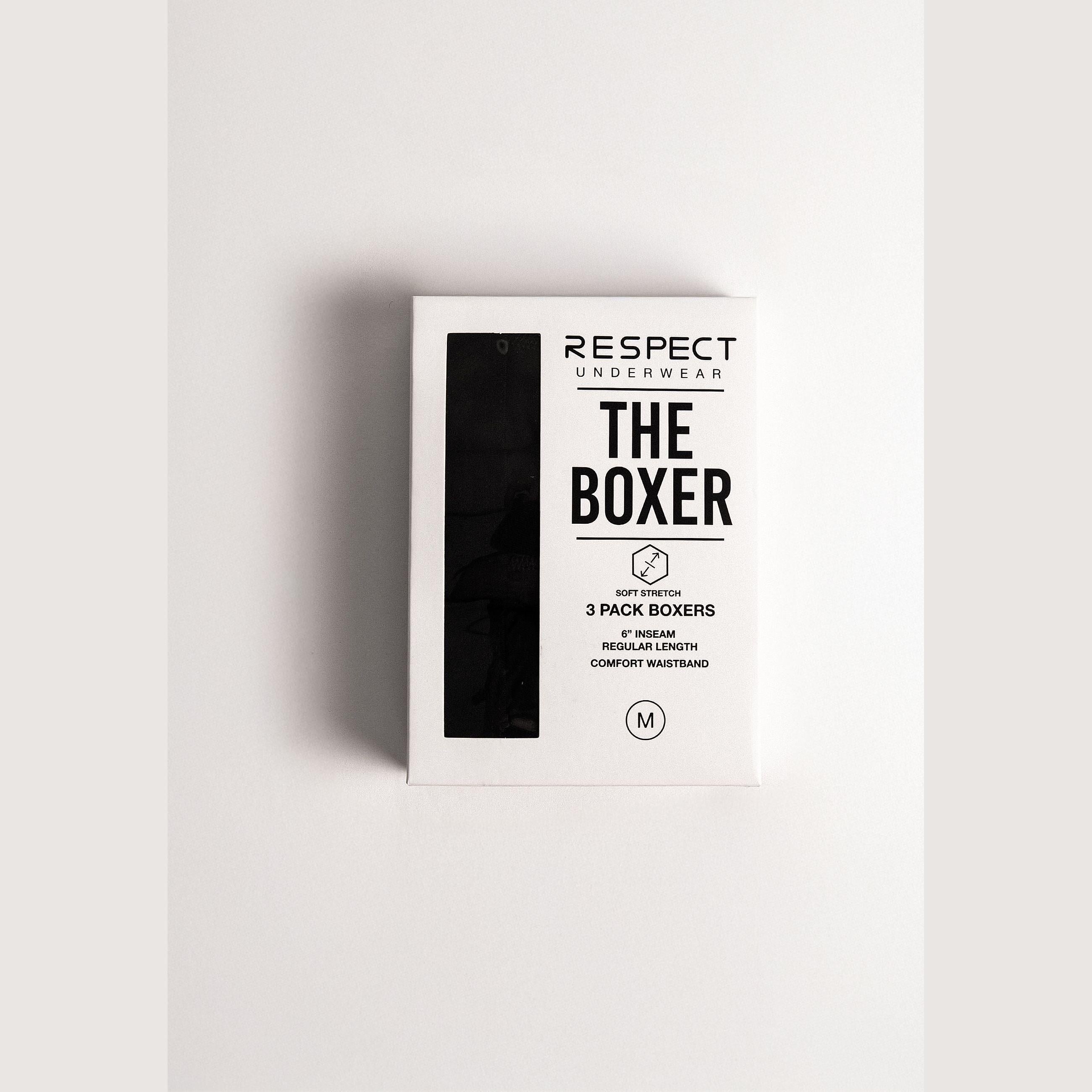 White product packaging box for Respect Underwear The Boxer 3-pack in size M on neutral background