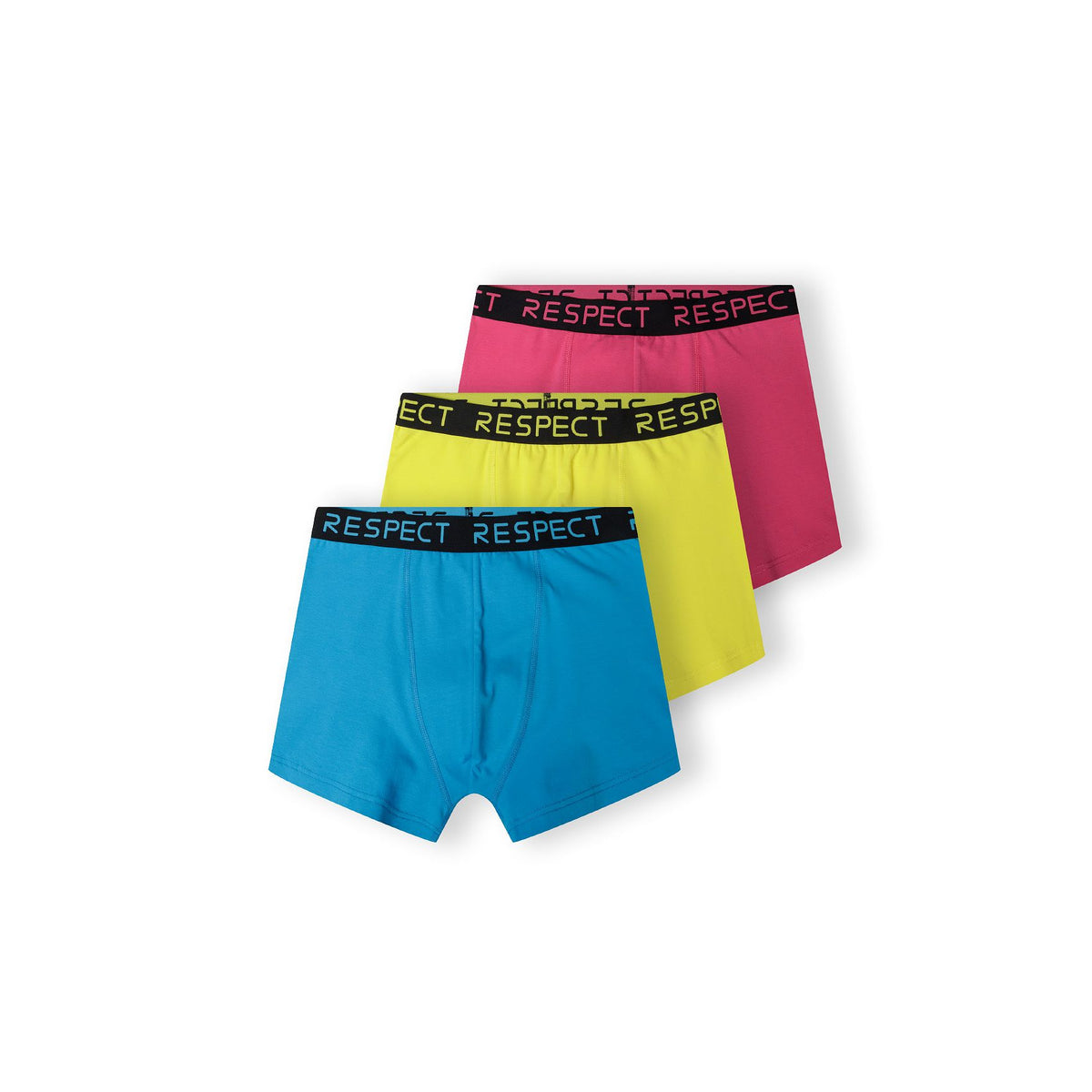 Men's boxer trunks 3-pack in blue, yellow and pink — complete product view for square Shop card