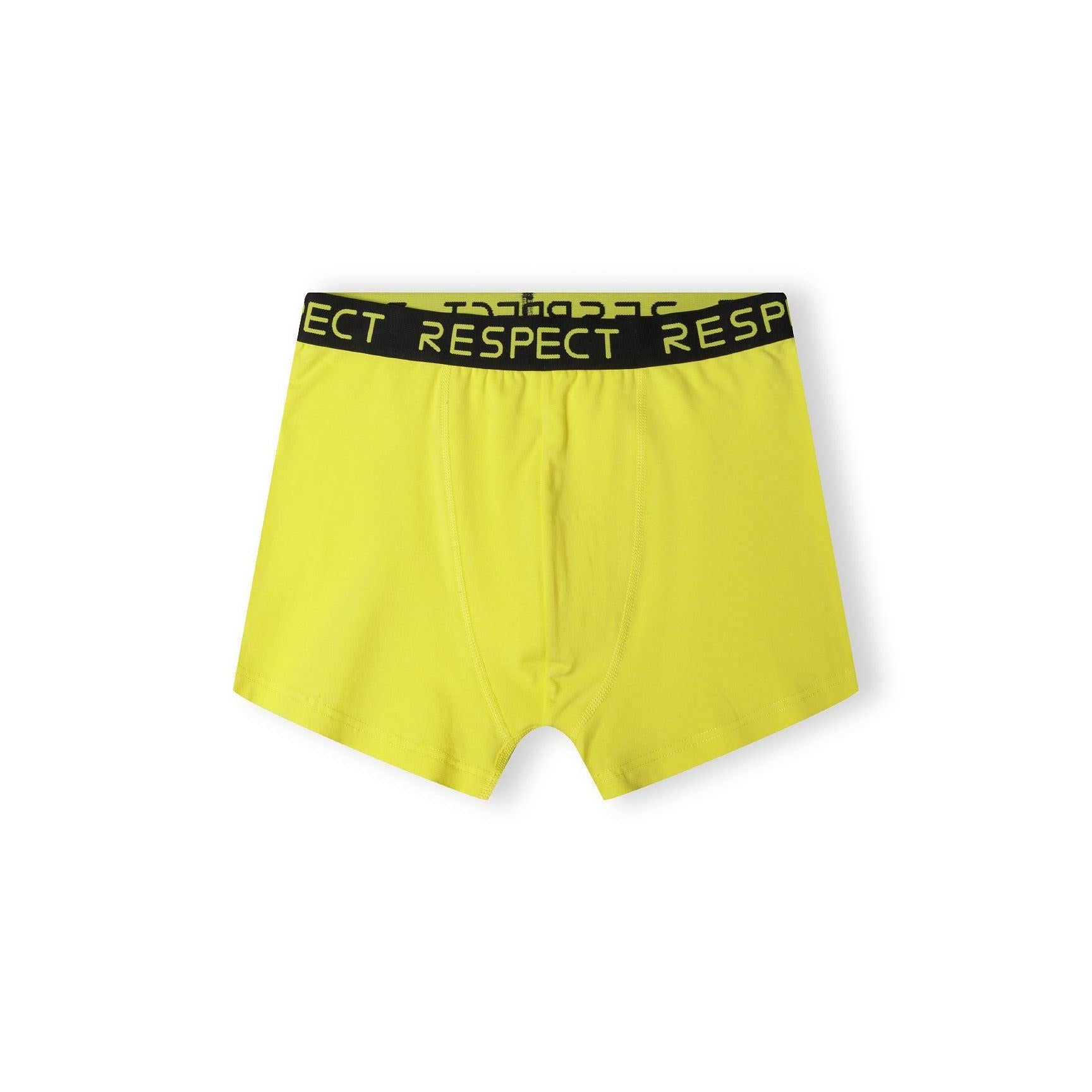 Single yellow cotton boxer shorts with black RESPECT branded elastic waistband displayed flat on white background showing front view