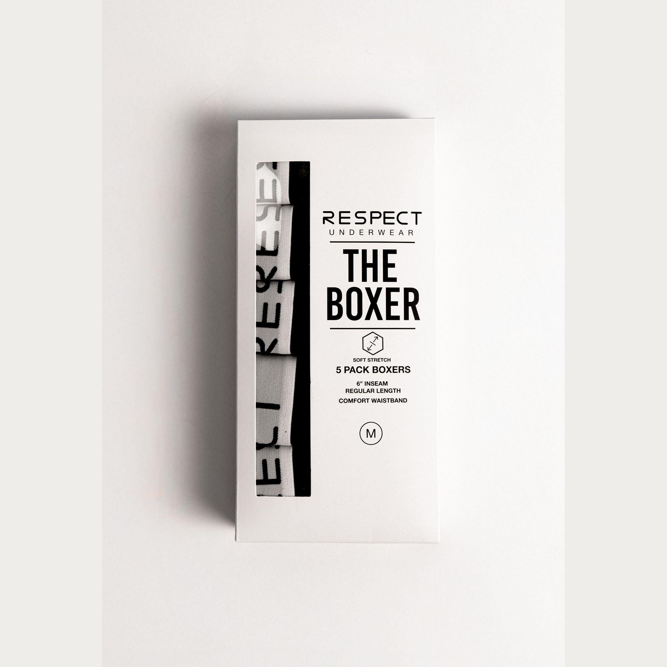 White product packaging box for RESPECT underwear 5-pack boxers with black branding elements