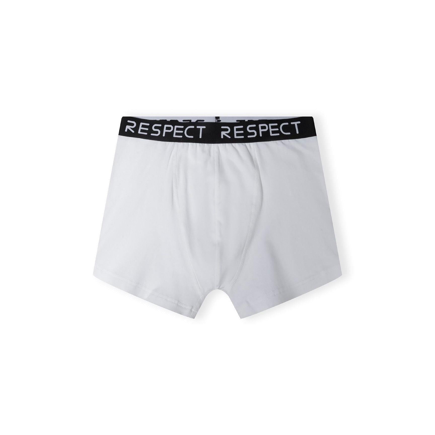 Single white boxer with black RESPECT waistband displayed flat against white background showing front view and construction details