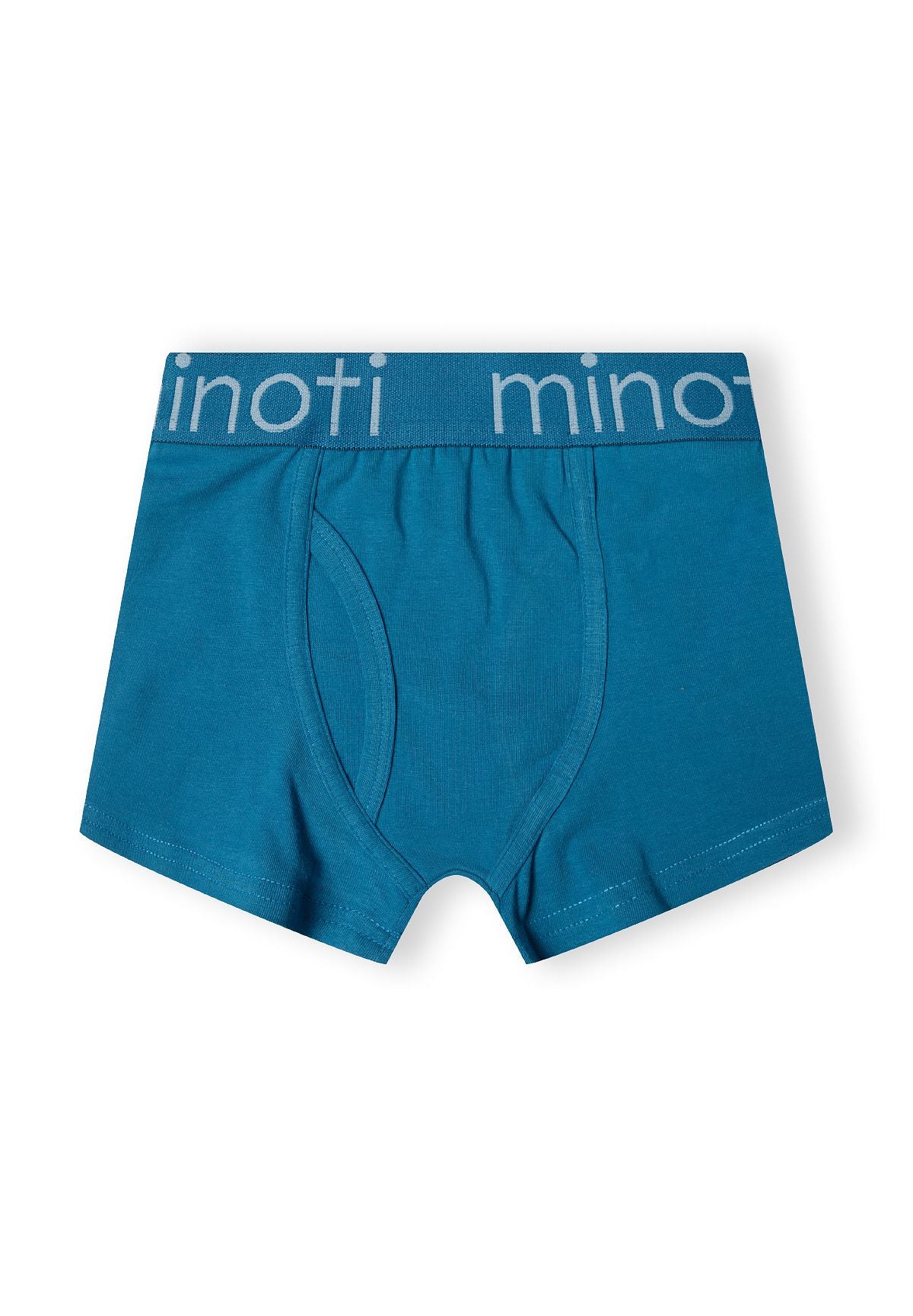 Blue and navy boxer trunks, teal blue pair front.