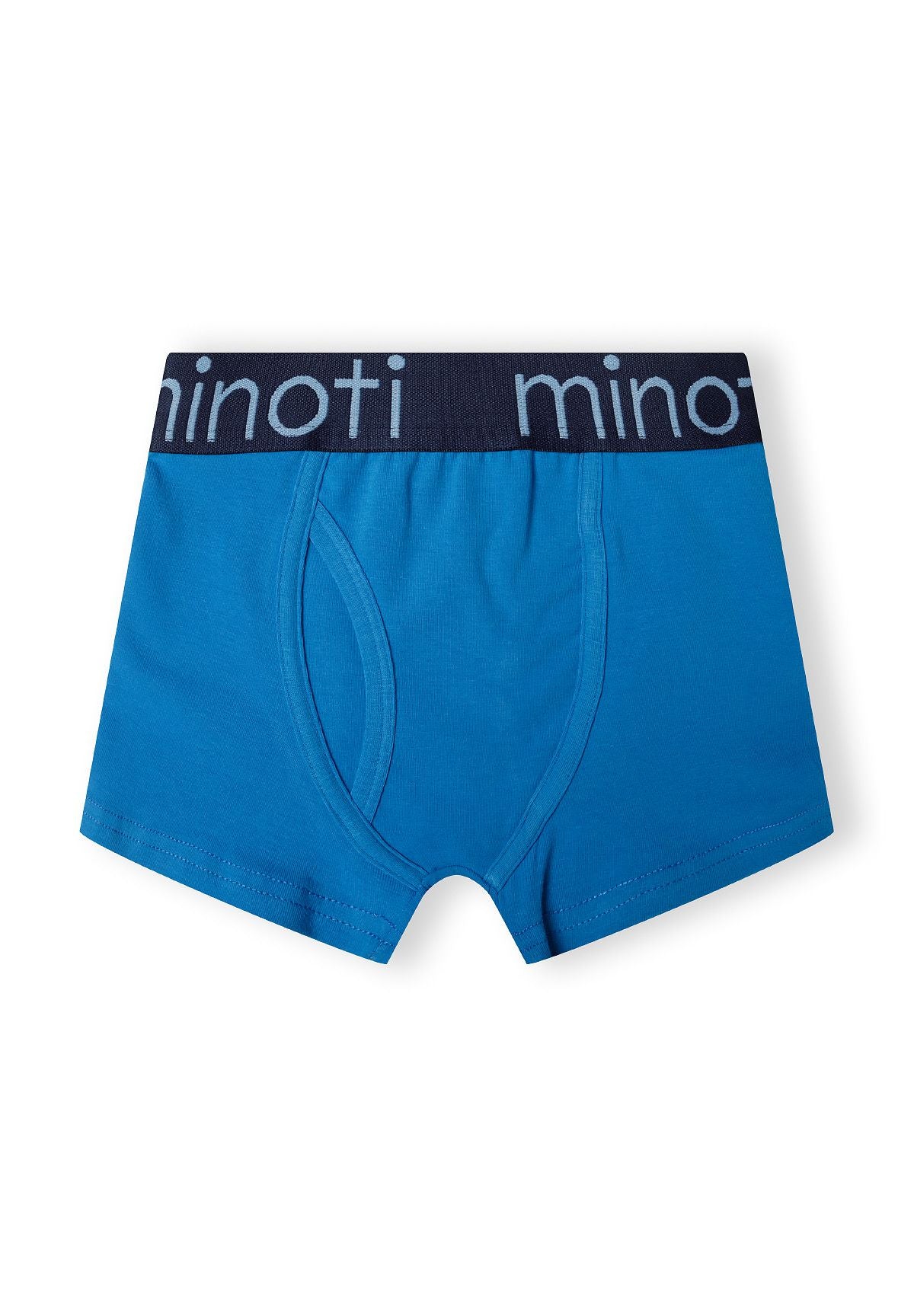 Blue and navy boxer trunks, bright blue pair front.