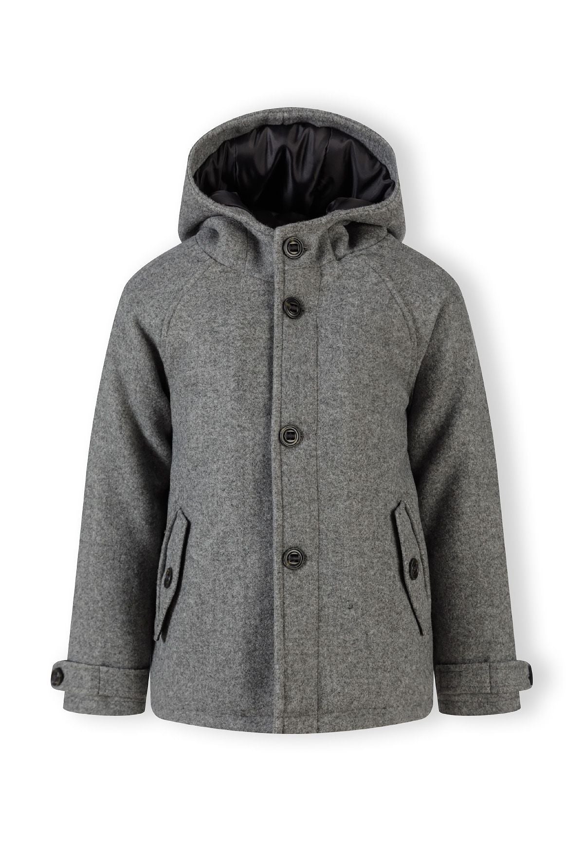 Hooded Button Coat, Grey, Classic Wool-Look - 2