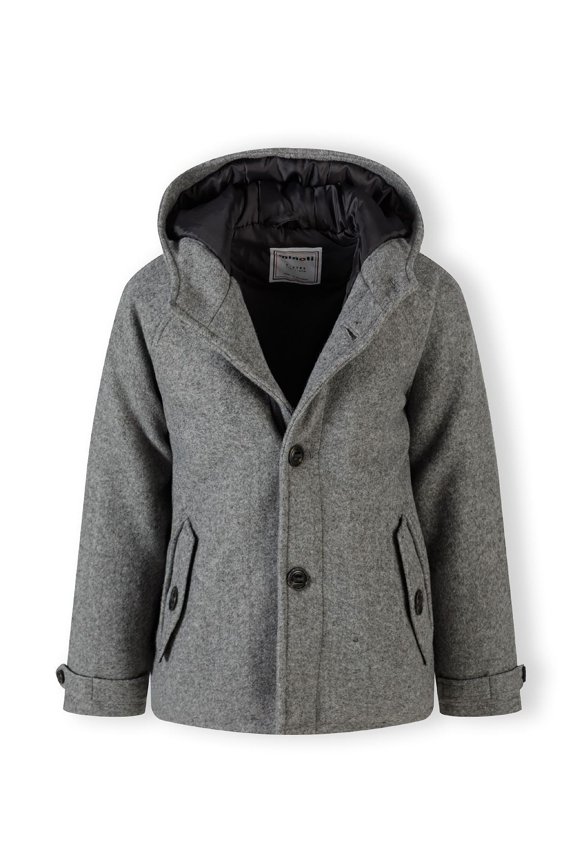 Hooded Button Coat, Grey, Classic Wool-Look - 4