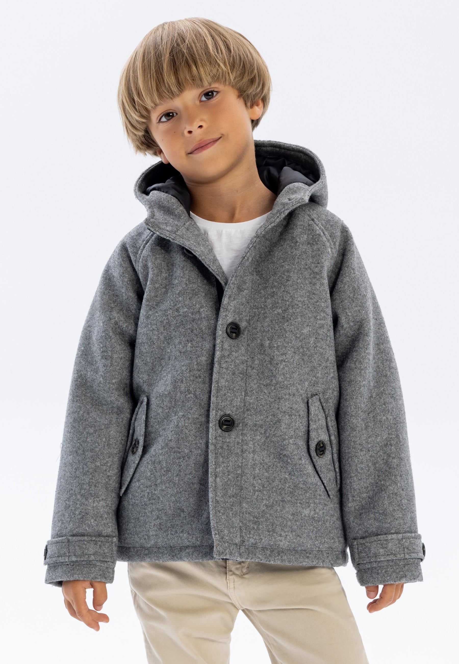 Hooded Button Coat, Grey, Classic Wool-Look - 1
