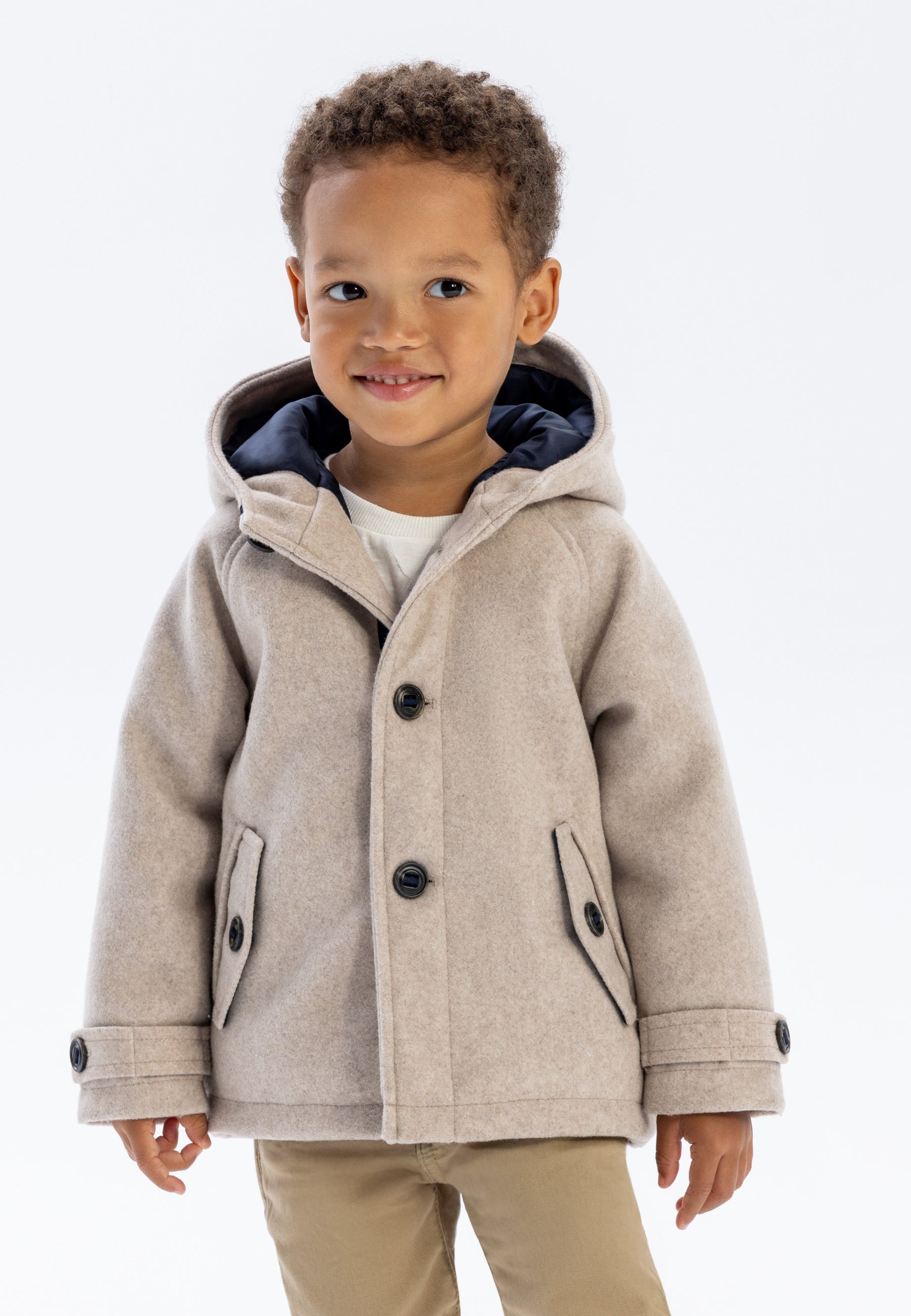 Hooded Button Coat, Beige, Padded - 1
