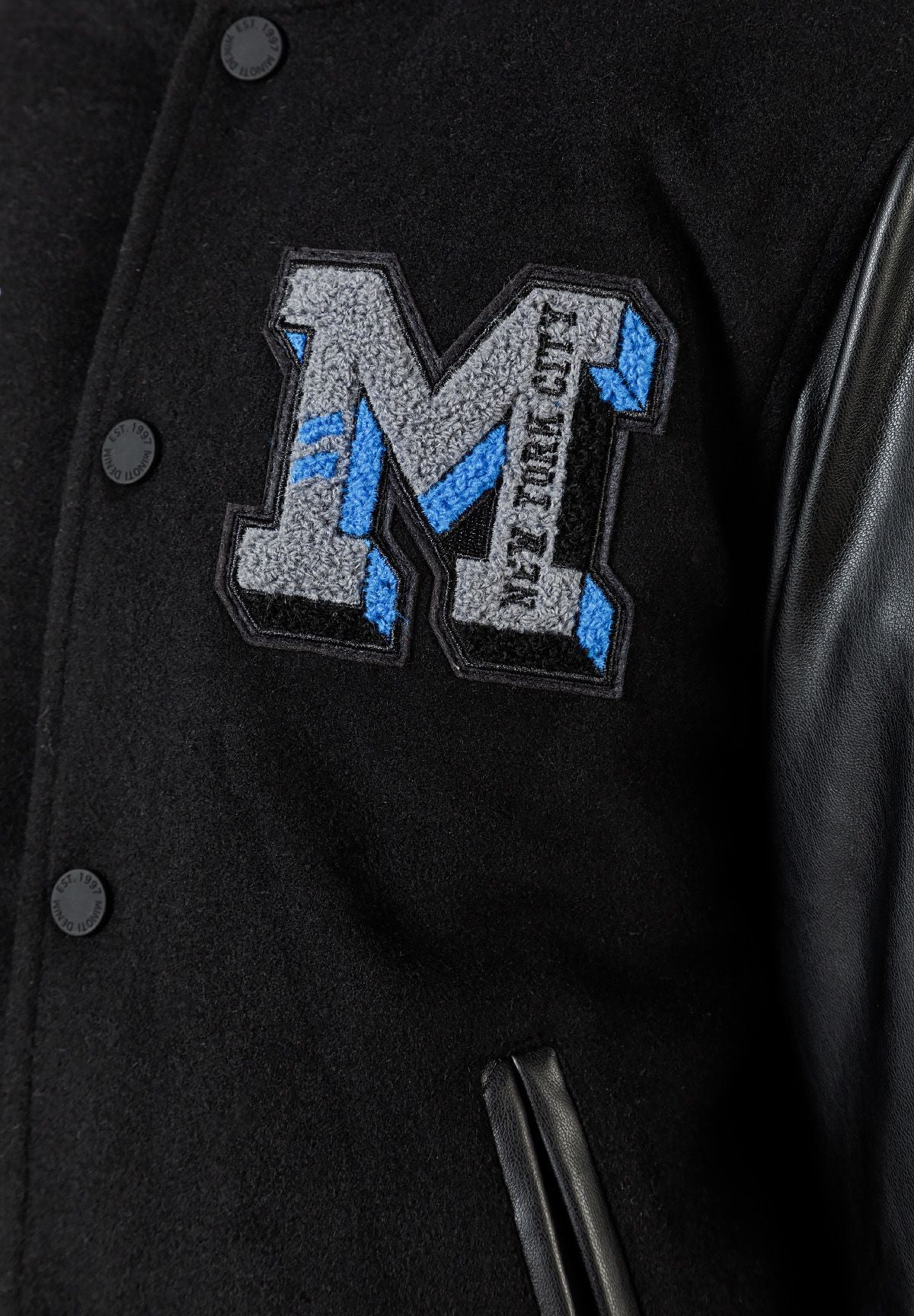 Baseball Jacket Black Faux Leather Sleeves, Sports - 6