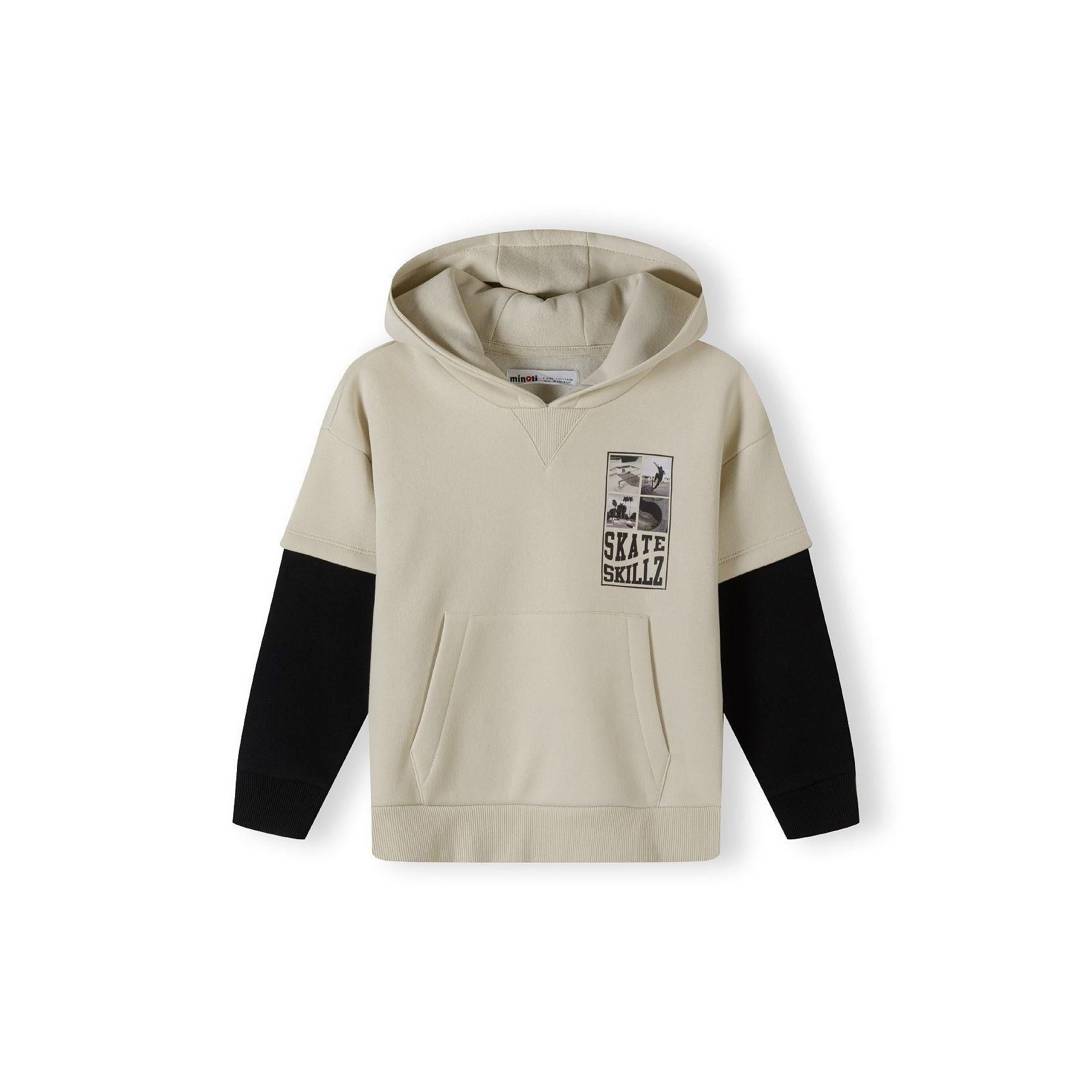 Back view of stone hoodie showing hood and black contrast sleeves laid flat