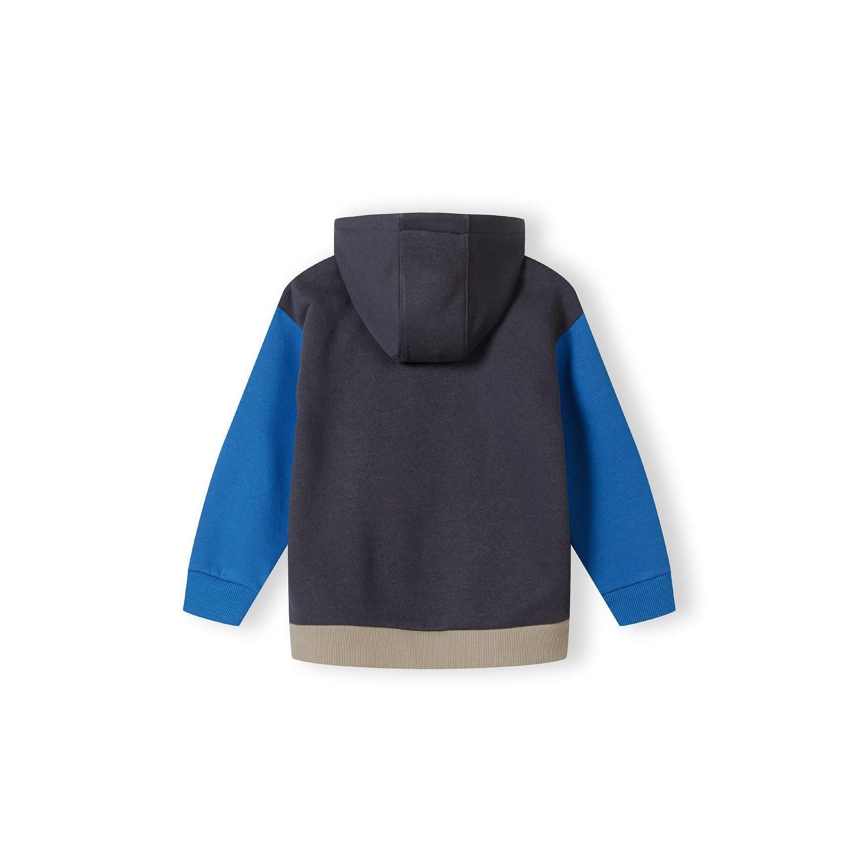 Back view of colourblock hoodie showing grey hood with blue sleeves and cream hem on white background