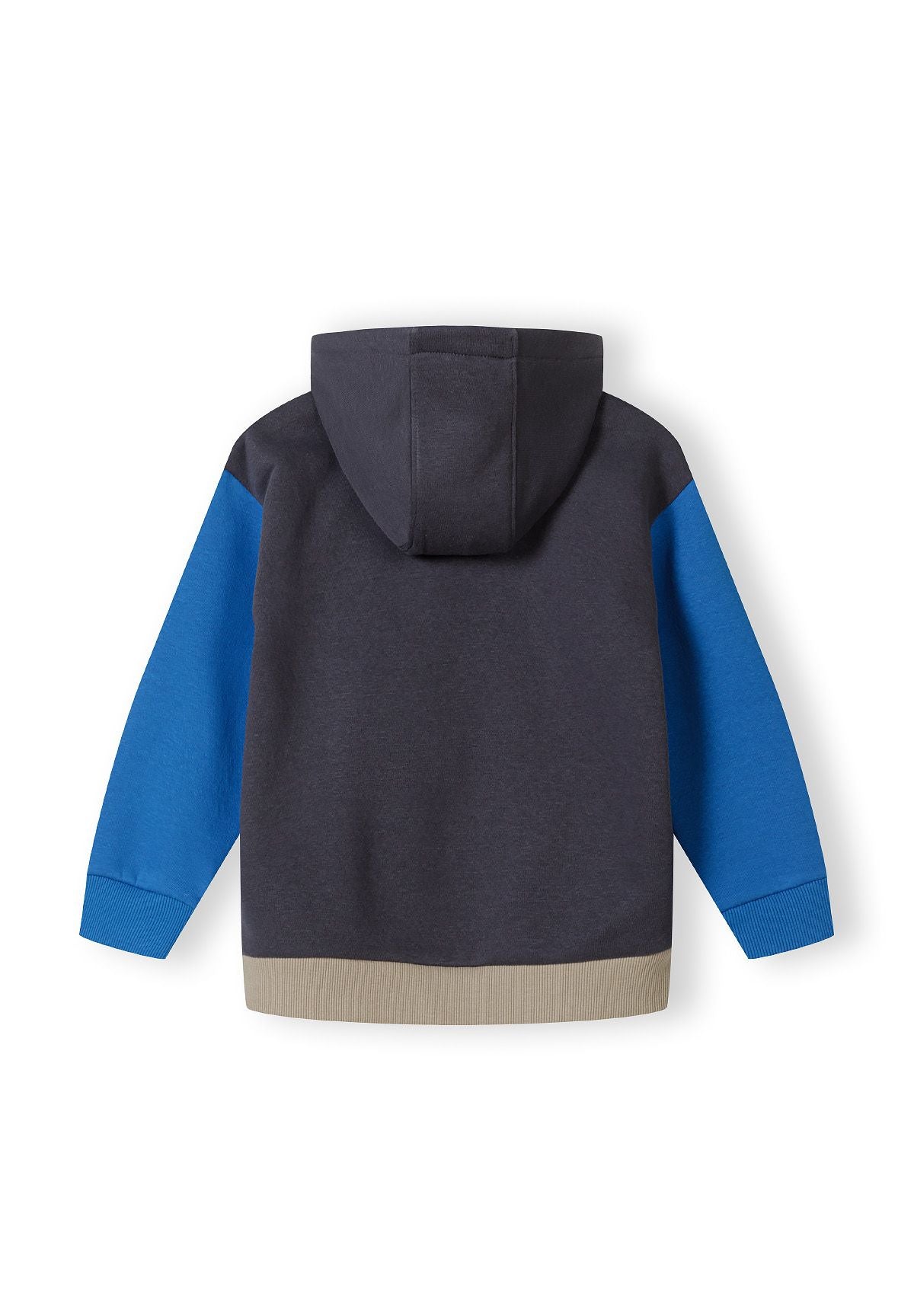 Grey, blue, beige and black colour block quarter-zip hoodie, back.