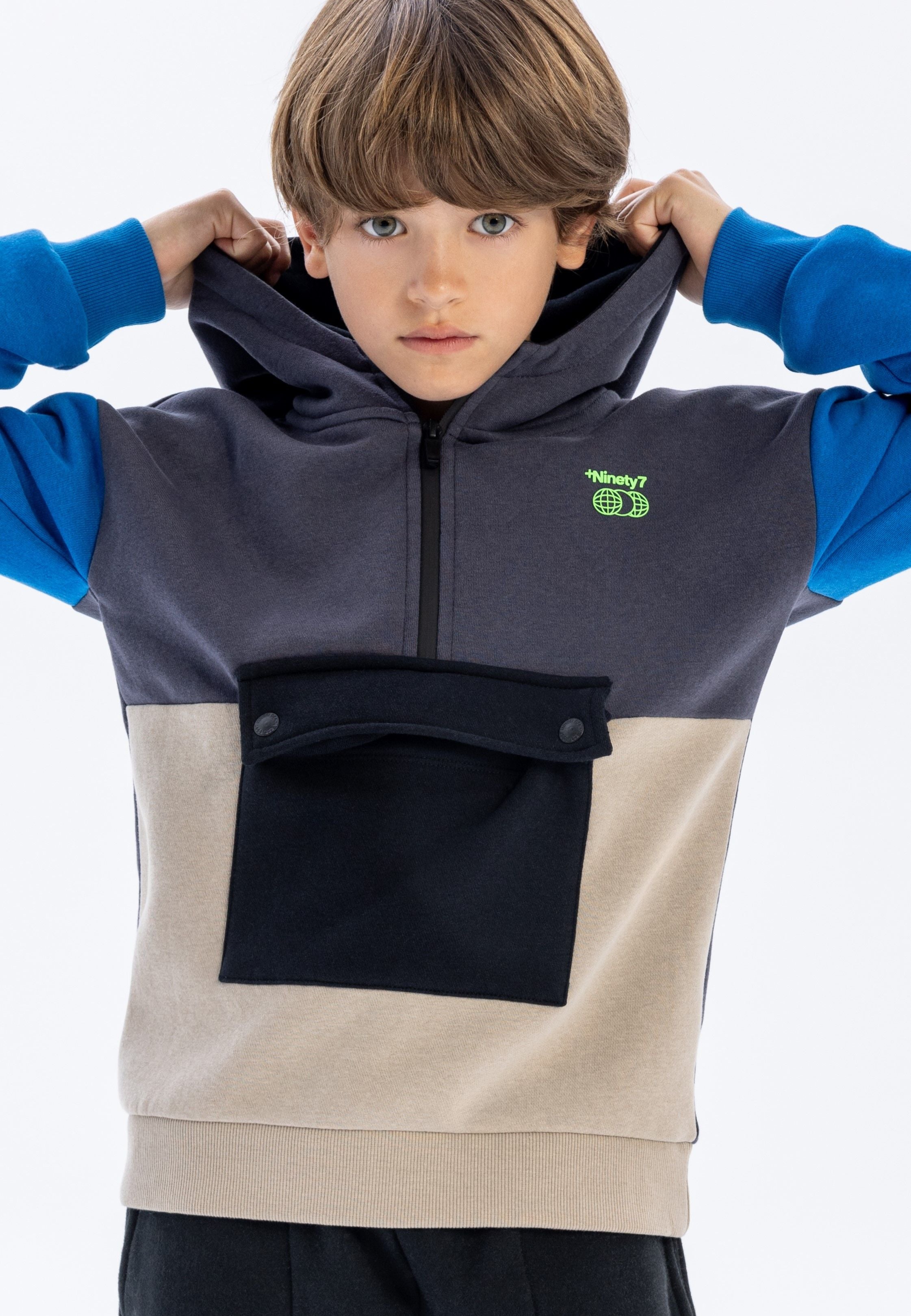 Colourblock Half-Zip Hoodie, Grey Blue Beige - 5
