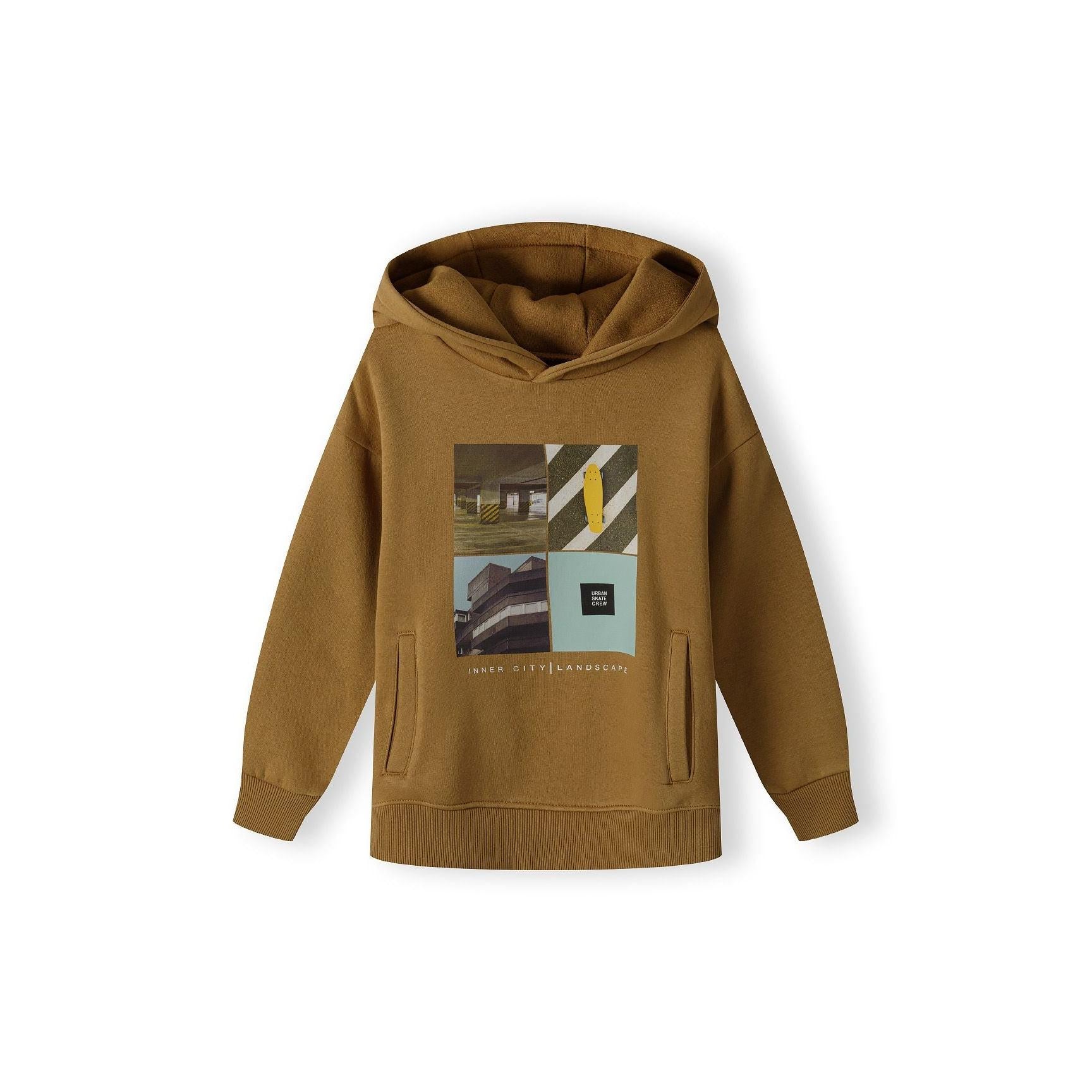 Back view of beige hoodie showing hood detail and overall silhouette on white background