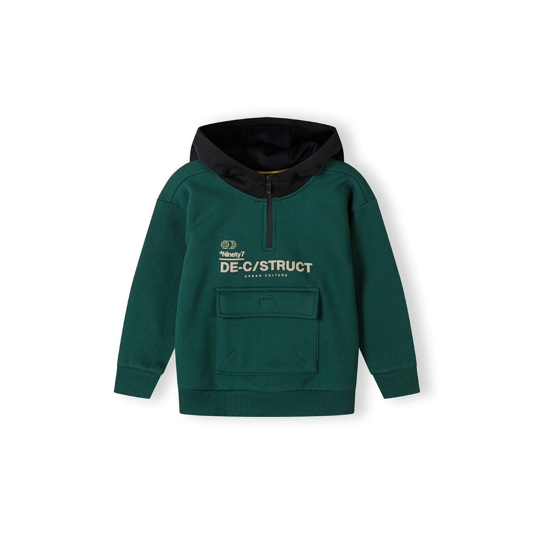 Back view of dark green hoodie showing black contrasting hood and ribbed hem detail, laid flat on white background