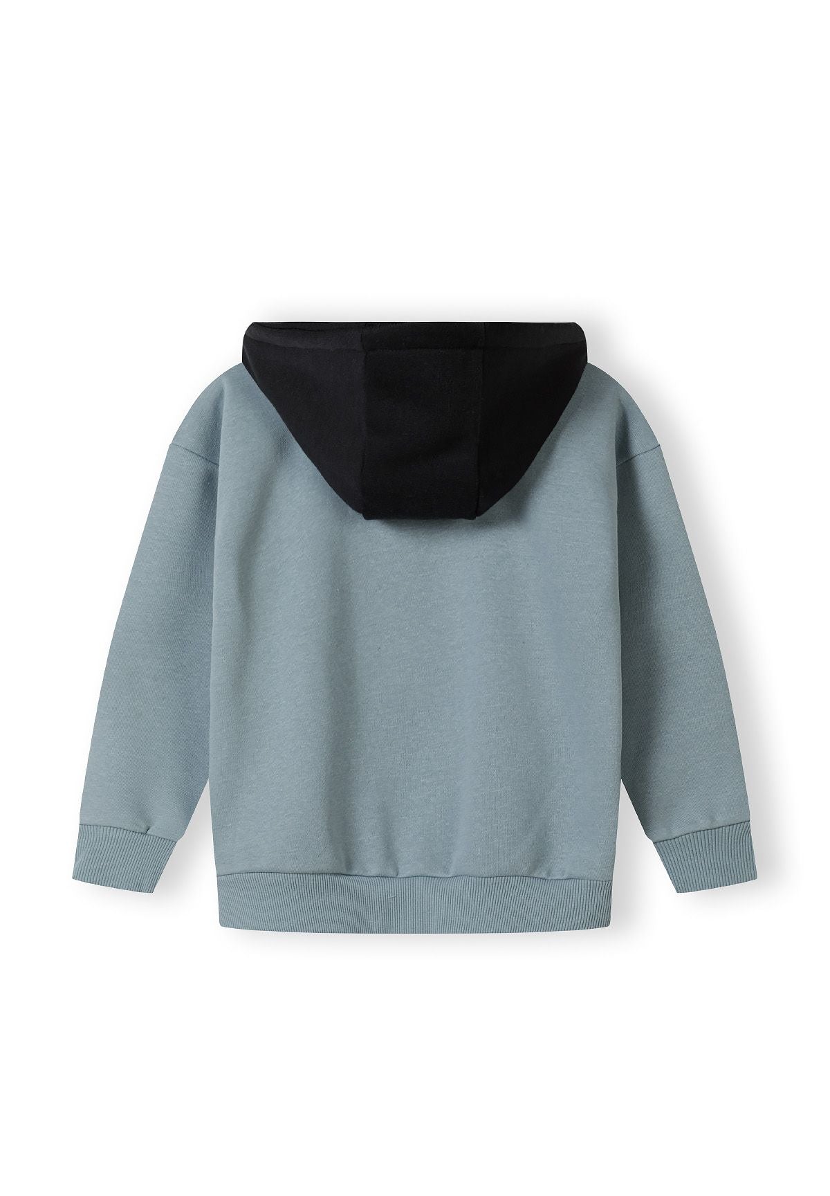 Boys half zip hoodie in blue with a black hood, back view, featuring ribbed cuffs.