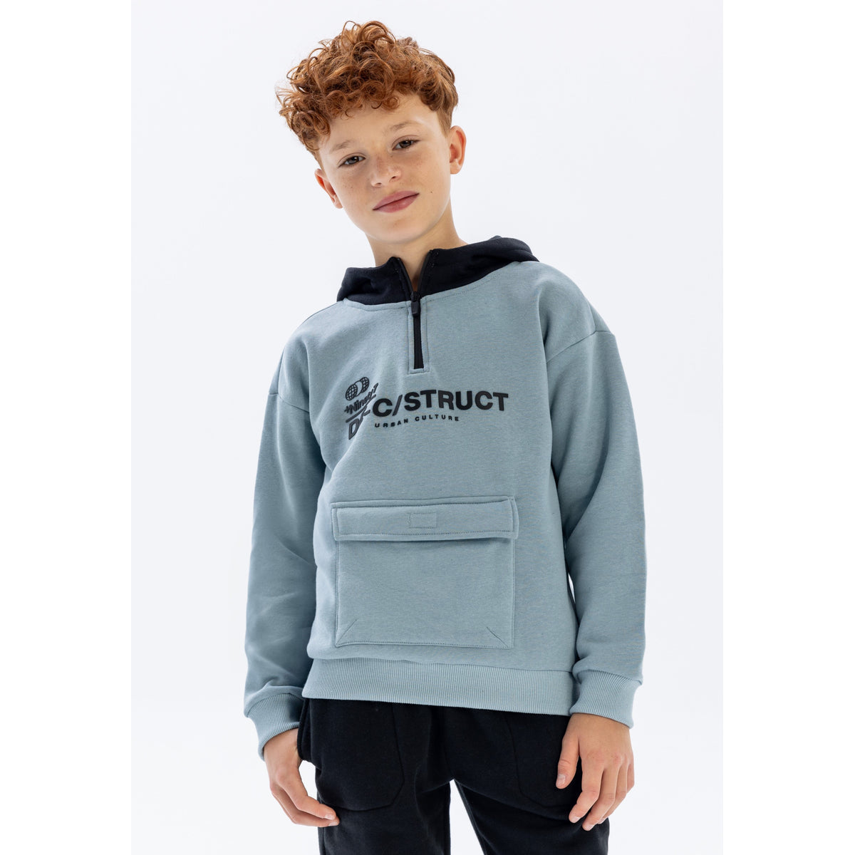 Boys' quarter-zip hoodie in blue grey and black — complete product view for square Shop card