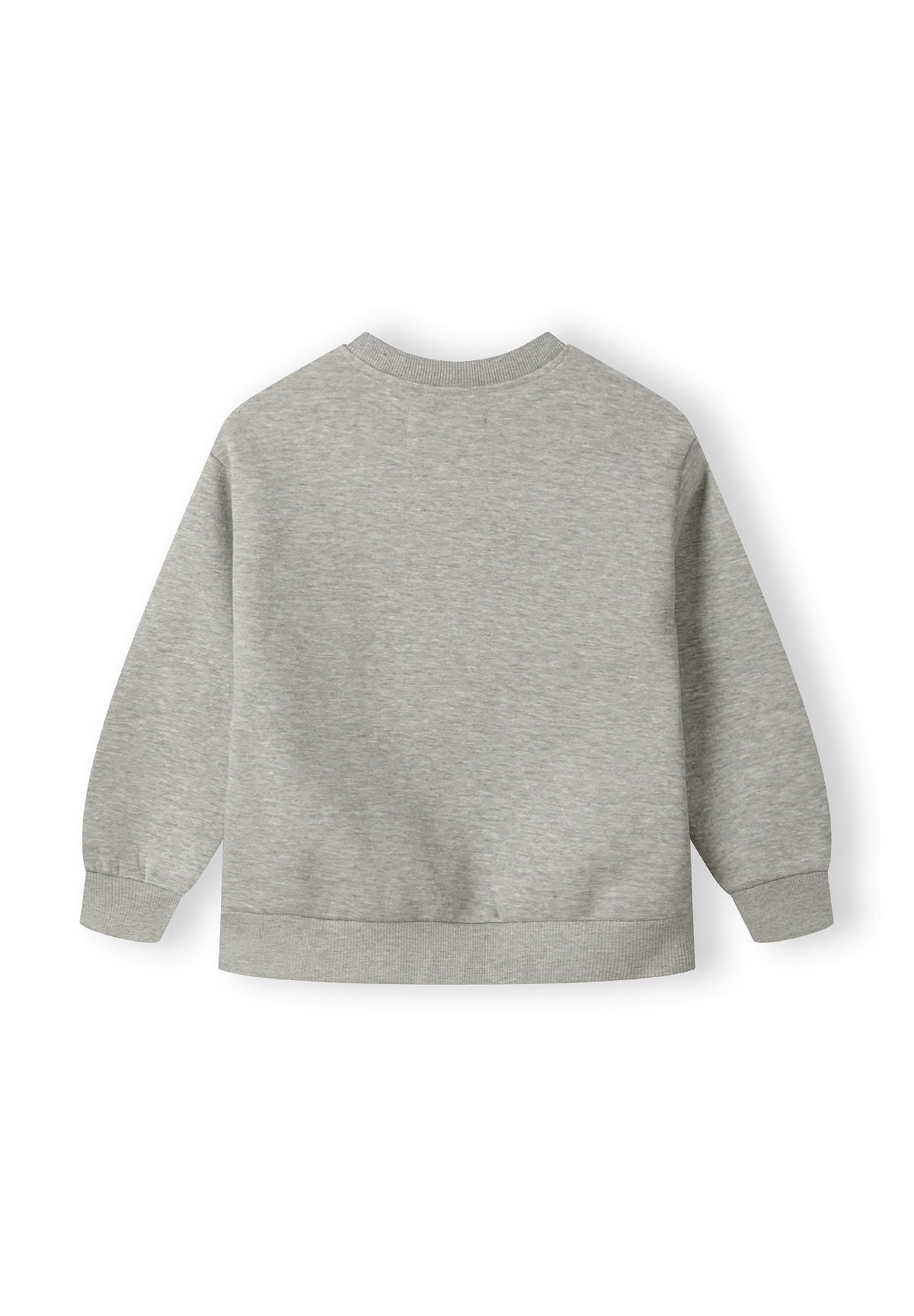 Boys grey crew neck sweatshirt, back view, ribbed cuffs and waistband.