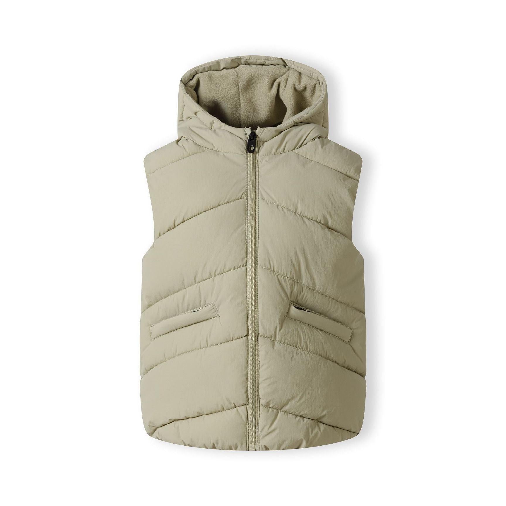 Back view of sage green padded gilet showing chevron quilted pattern and hood detail on white background