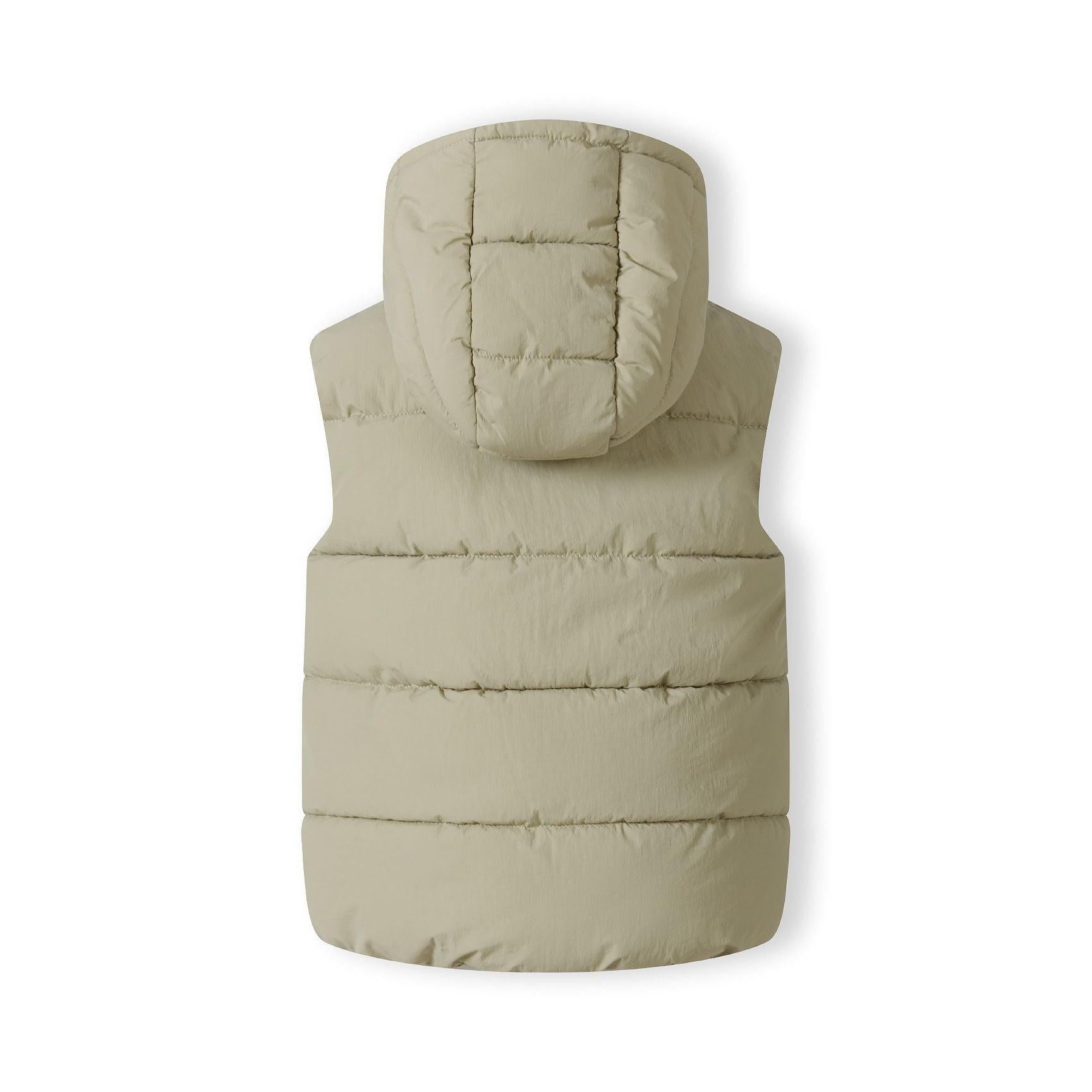 Back view of sage green padded gilet showing chevron quilted pattern and hood detail on white background