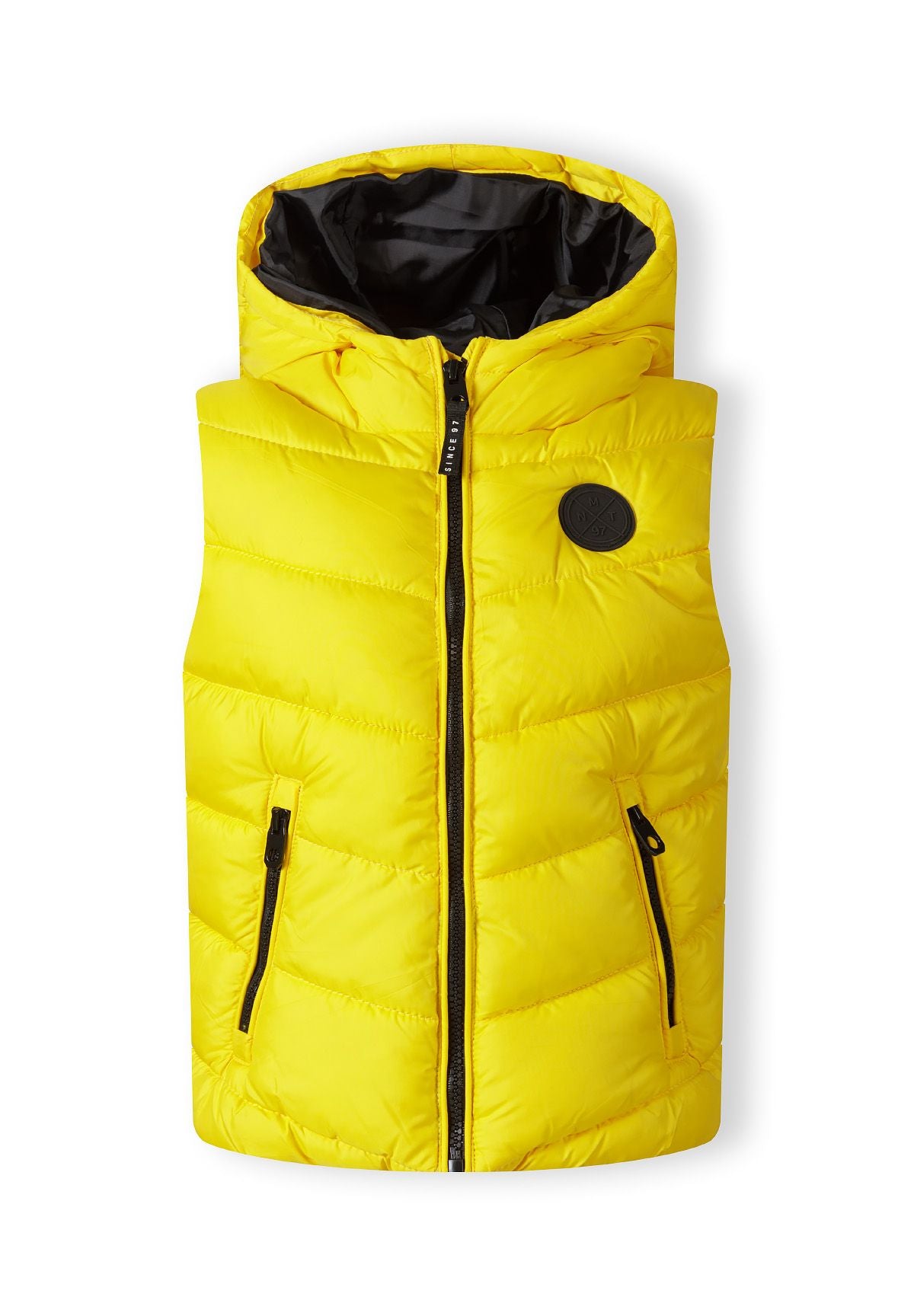 Boys padded gilet in yellow, front view with chest badge and zip closure.