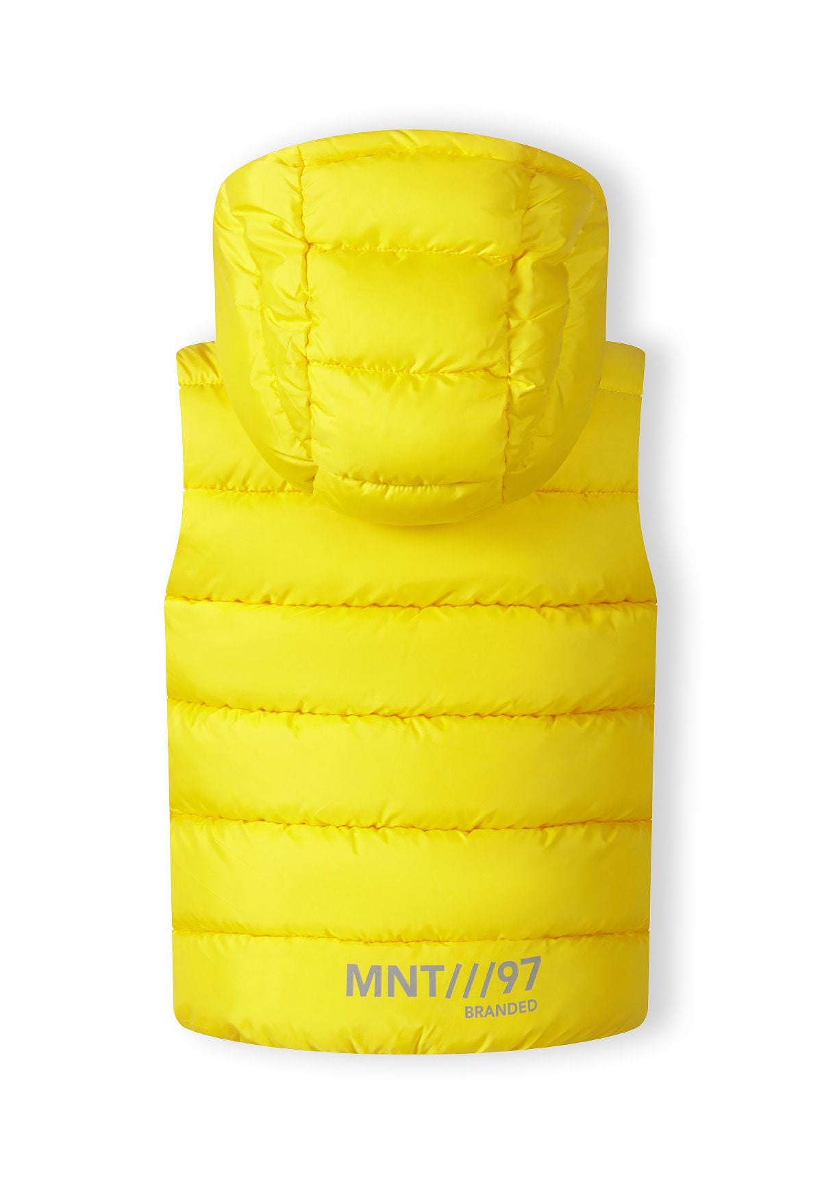 Boys padded gilet in yellow, back view with hood and logo detail.