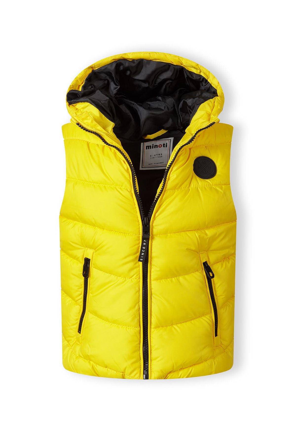 Boys padded gilet in vibrant yellow, front view with chest badge and zip pockets.