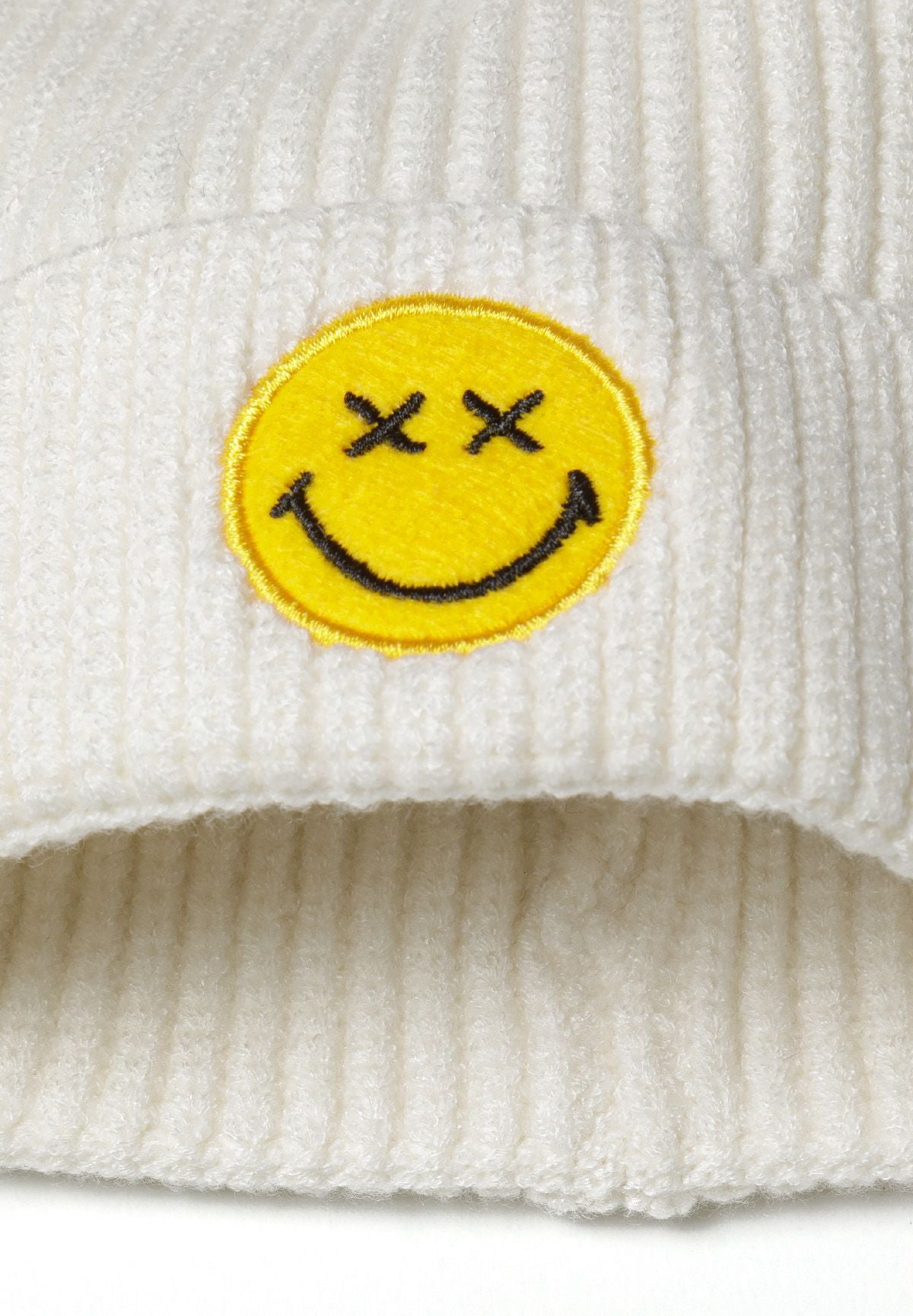Ribbed Beanie, Smiley Patch, Cream - 3