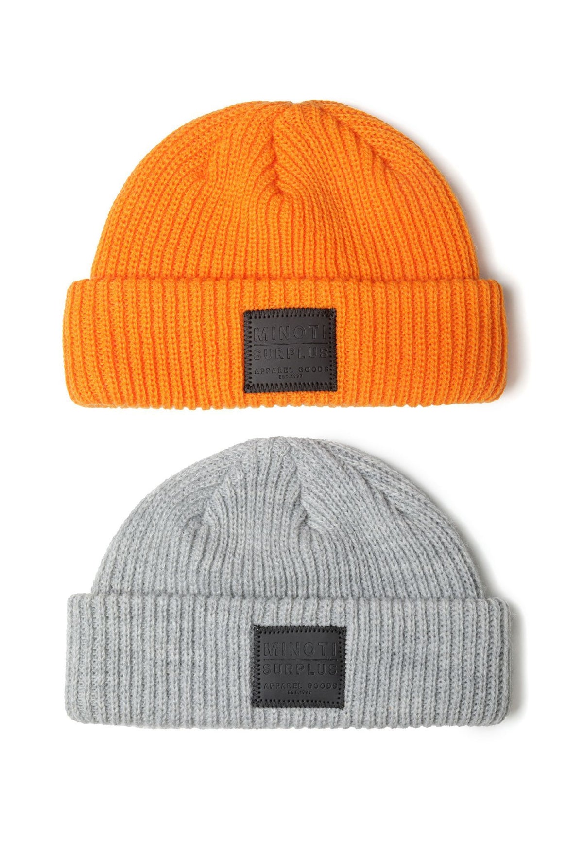 Orange and grey ribbed beanies, two hats.