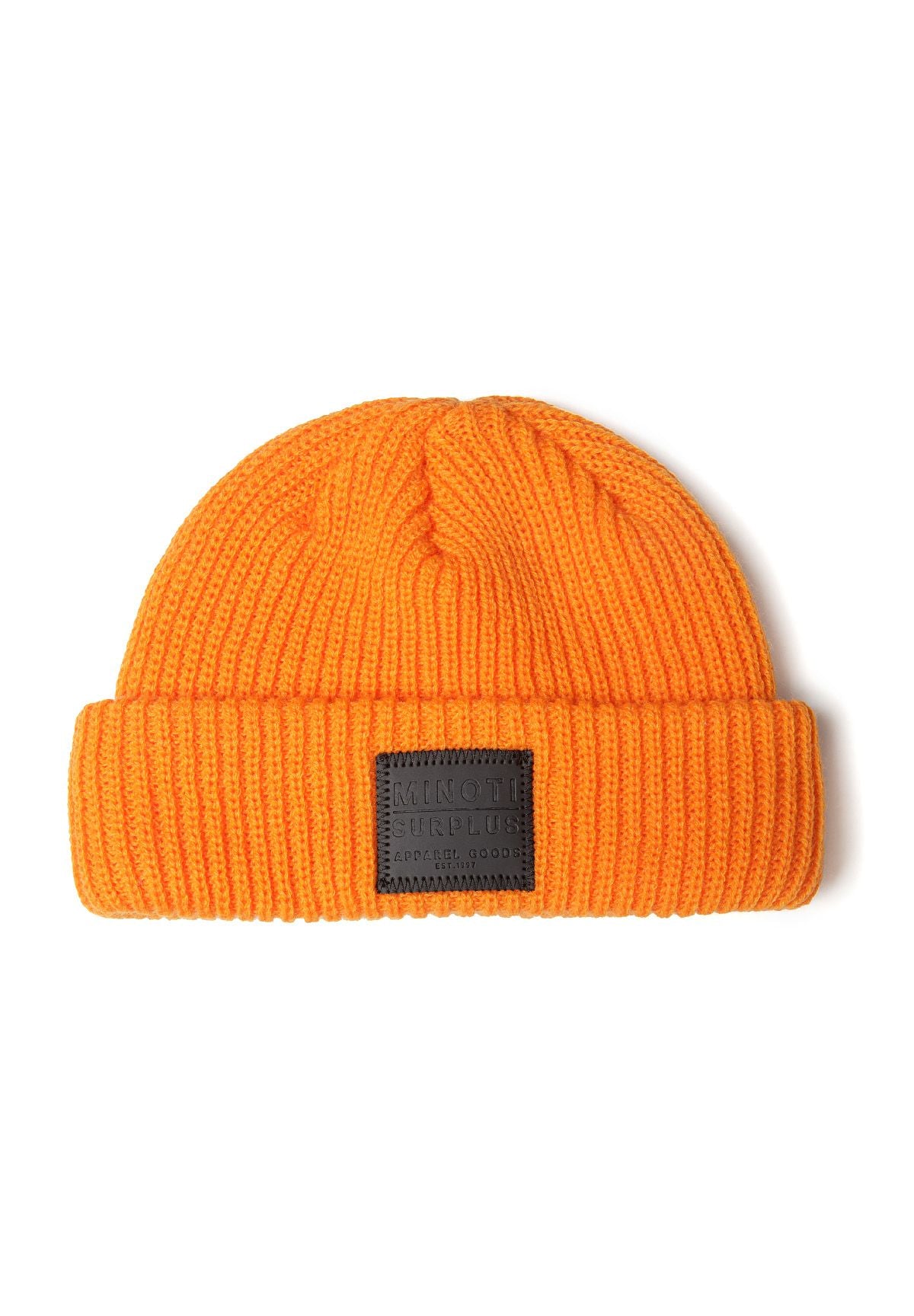 Orange and grey ribbed beanies, orange hat front.