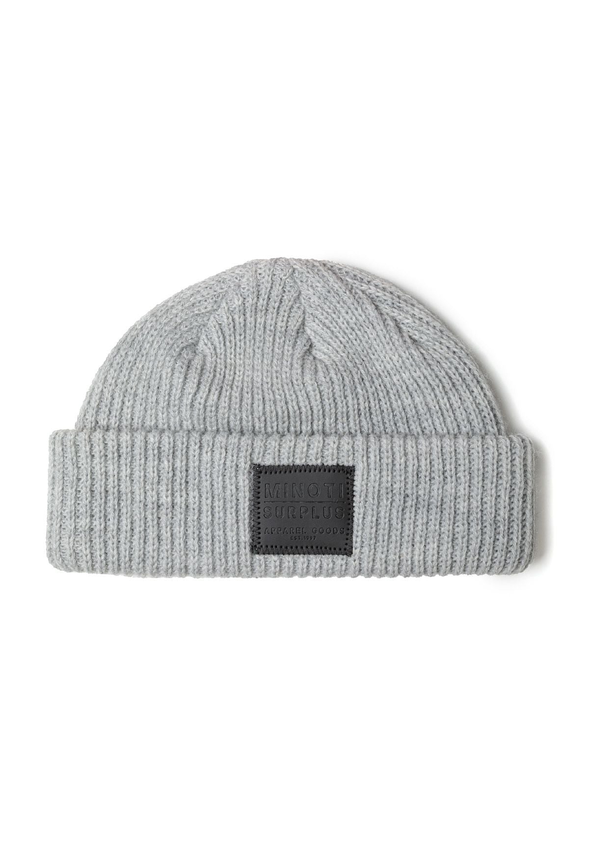 Detail of a grey knitted fisherman hat with a ribbed brim and logo badge.