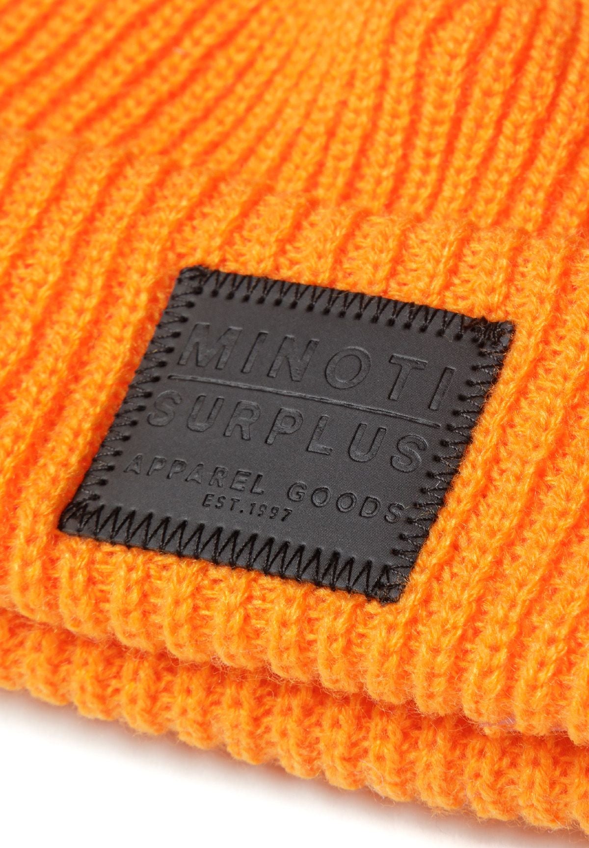 Orange and grey ribbed beanies, orange badge detail.