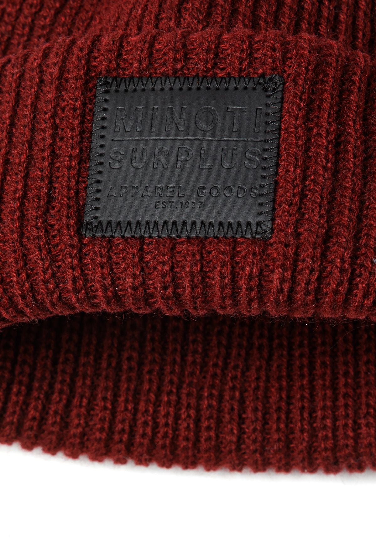 Black and burgundy ribbed beanies, burgundy turn-up detail.