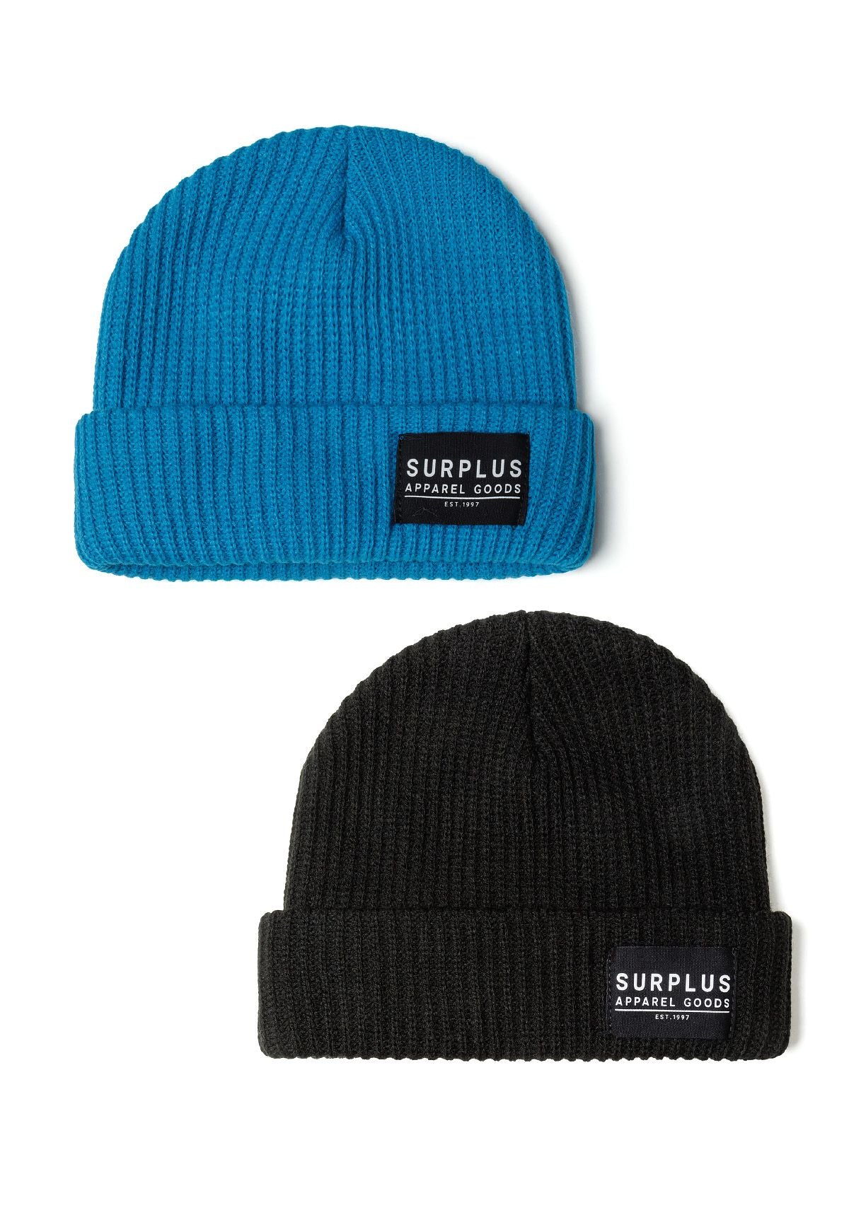 Turquoise and black ribbed beanies, two hats.