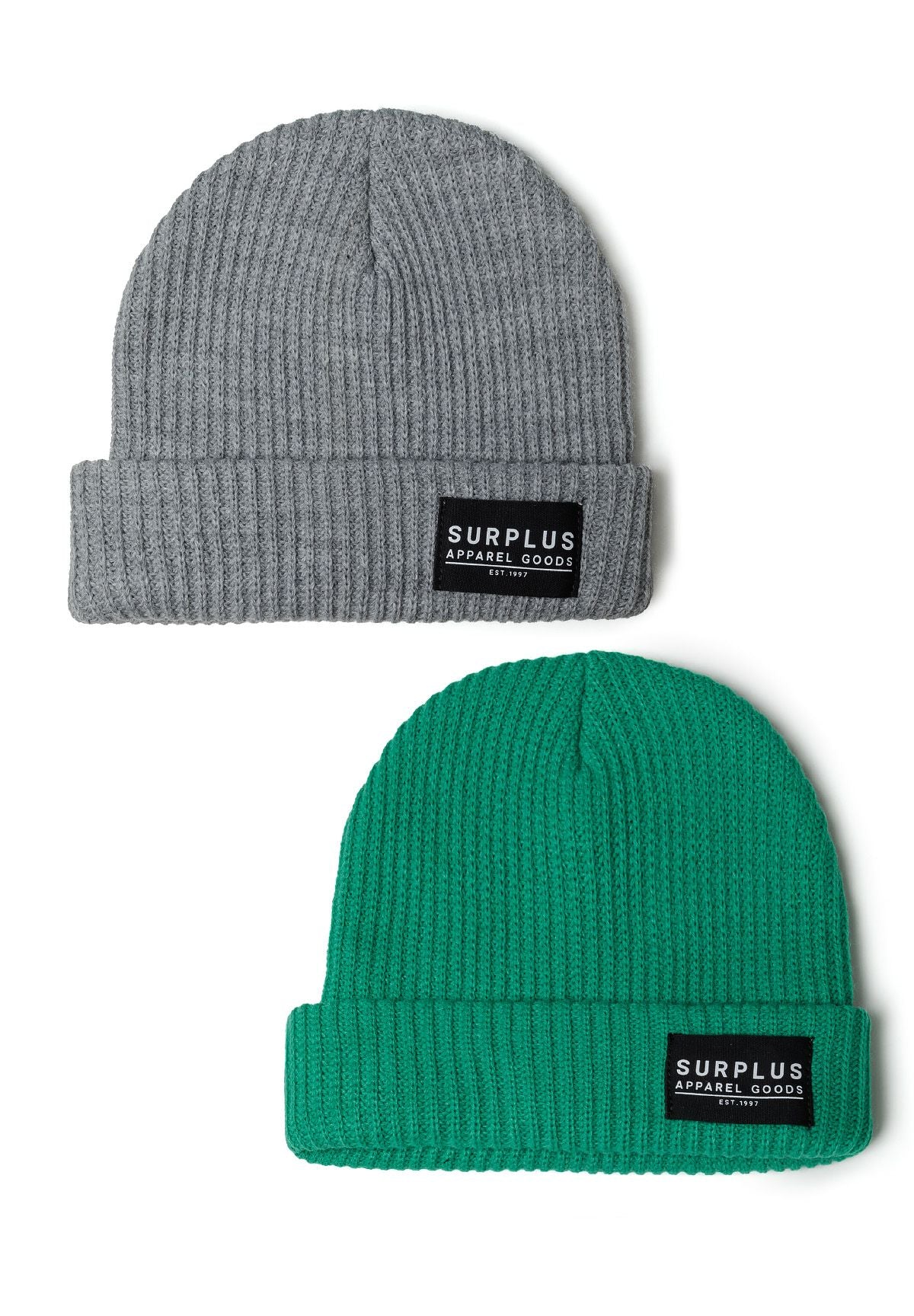 Two rib knitted hats in green and grey with logo badge, front view.