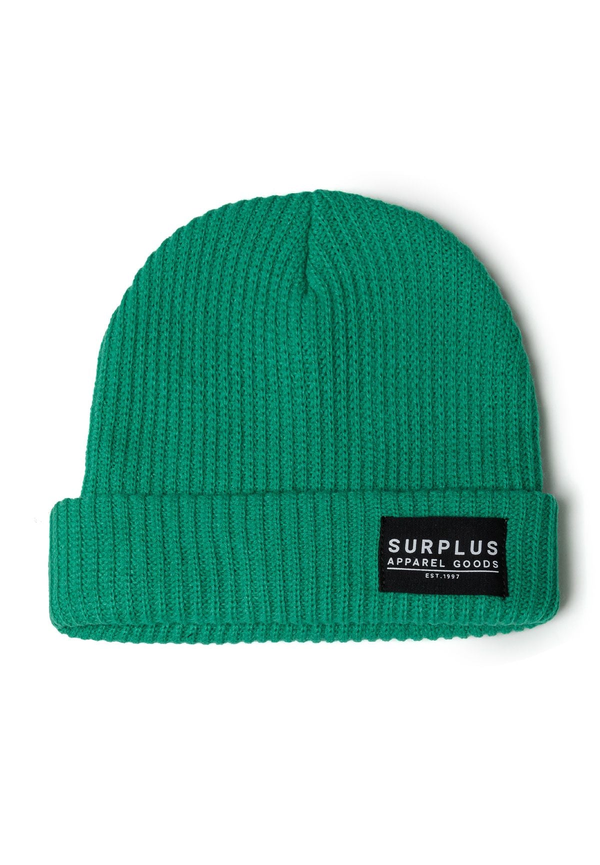 Close-up of a green rib knitted beanie hat with a logo badge.