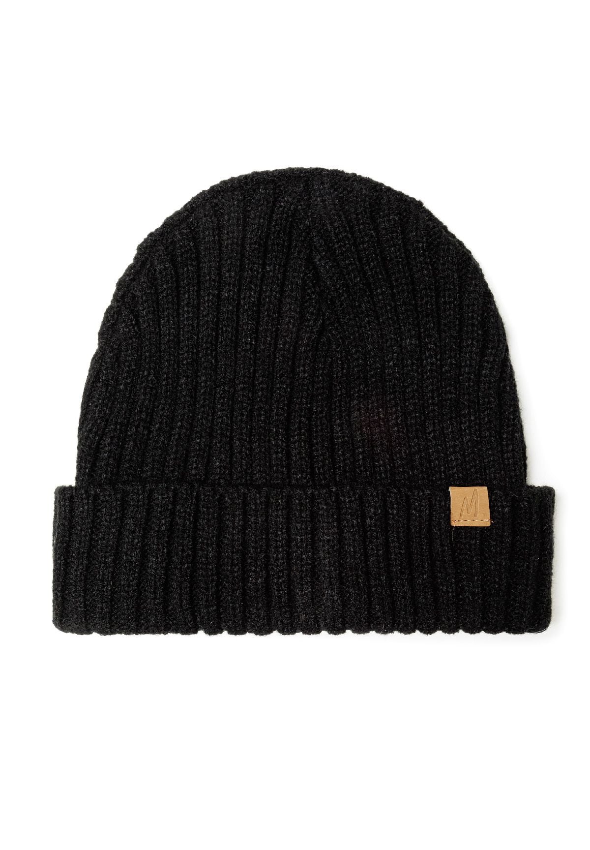 Close-up of a black rib knit hat with a small tab detail.