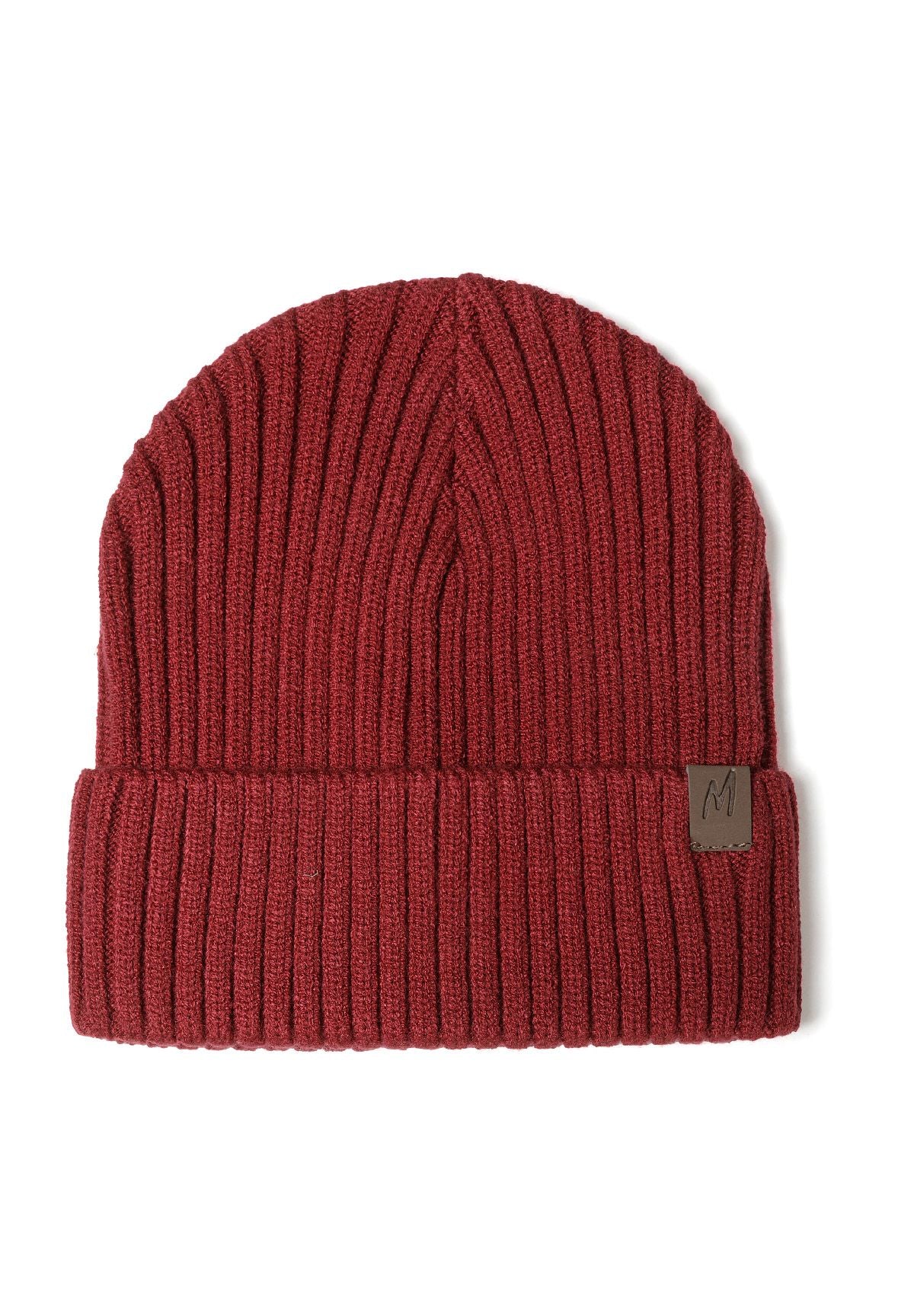 Grey, burgundy and navy ribbed beanies, burgundy hat front.