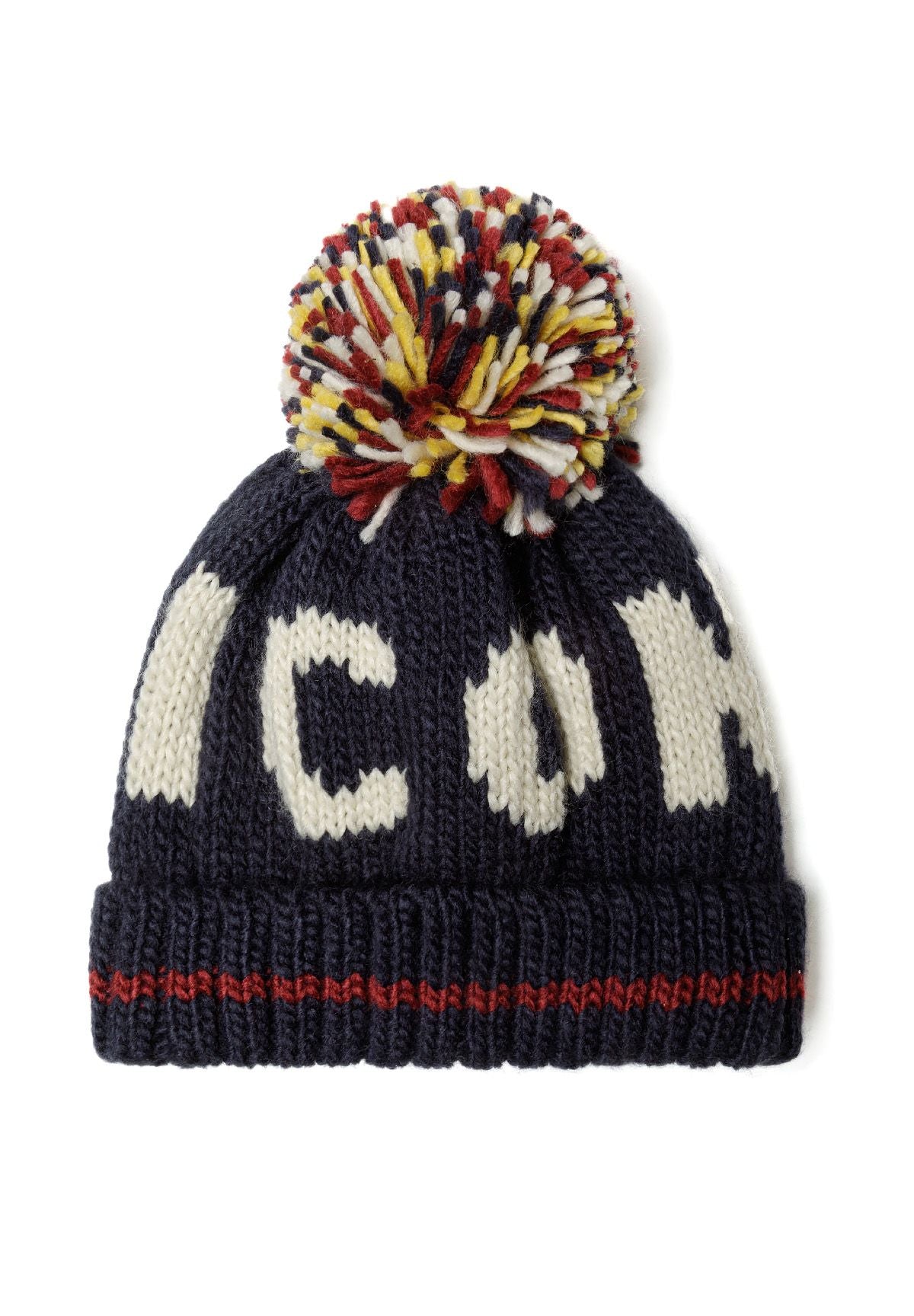 Boys jacquard hat in navy with a colorful pom pom and knitted wording, front view.