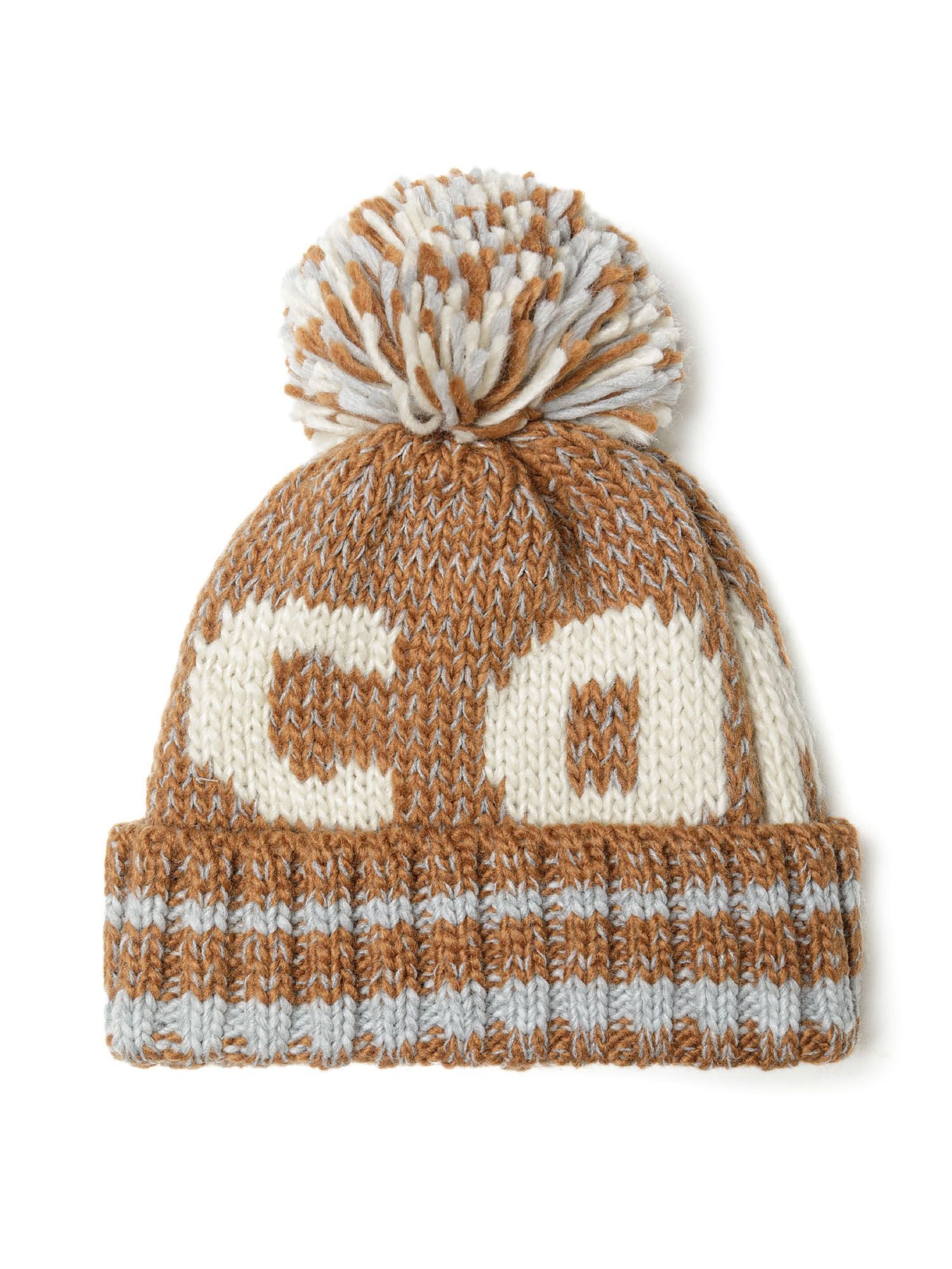 Boys jacquard hat in beige with pom pom, front view, featuring detailed patterns.