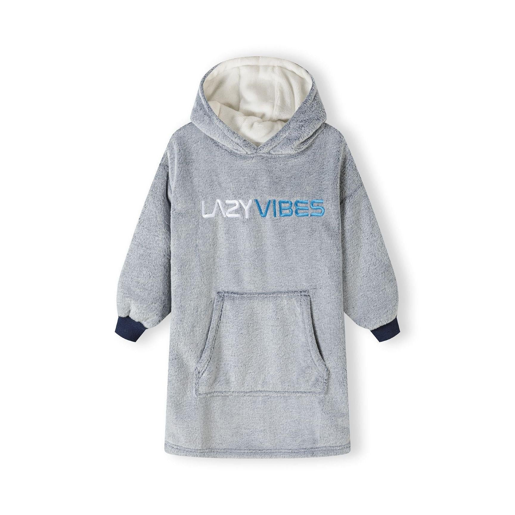 Back view of grey fleece hoodie laid flat showing oversized silhouette, hood detail and contrasting navy cuffs on white background