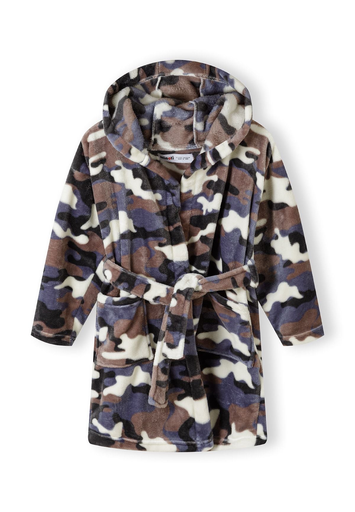 Brown, navy and cream hooded dressing gown, front.