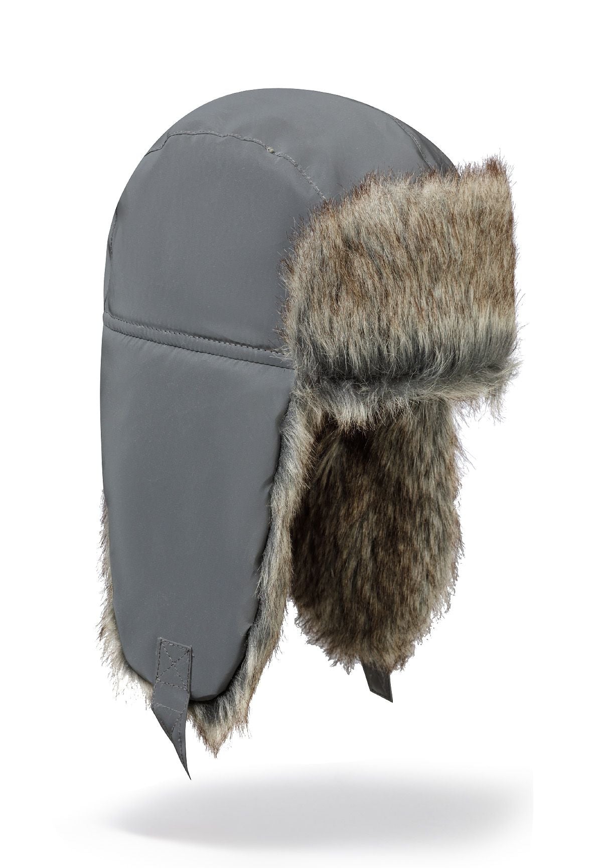 Unisex trapper hat in grey, side view, featuring faux fur lining and adjustable ear flaps.