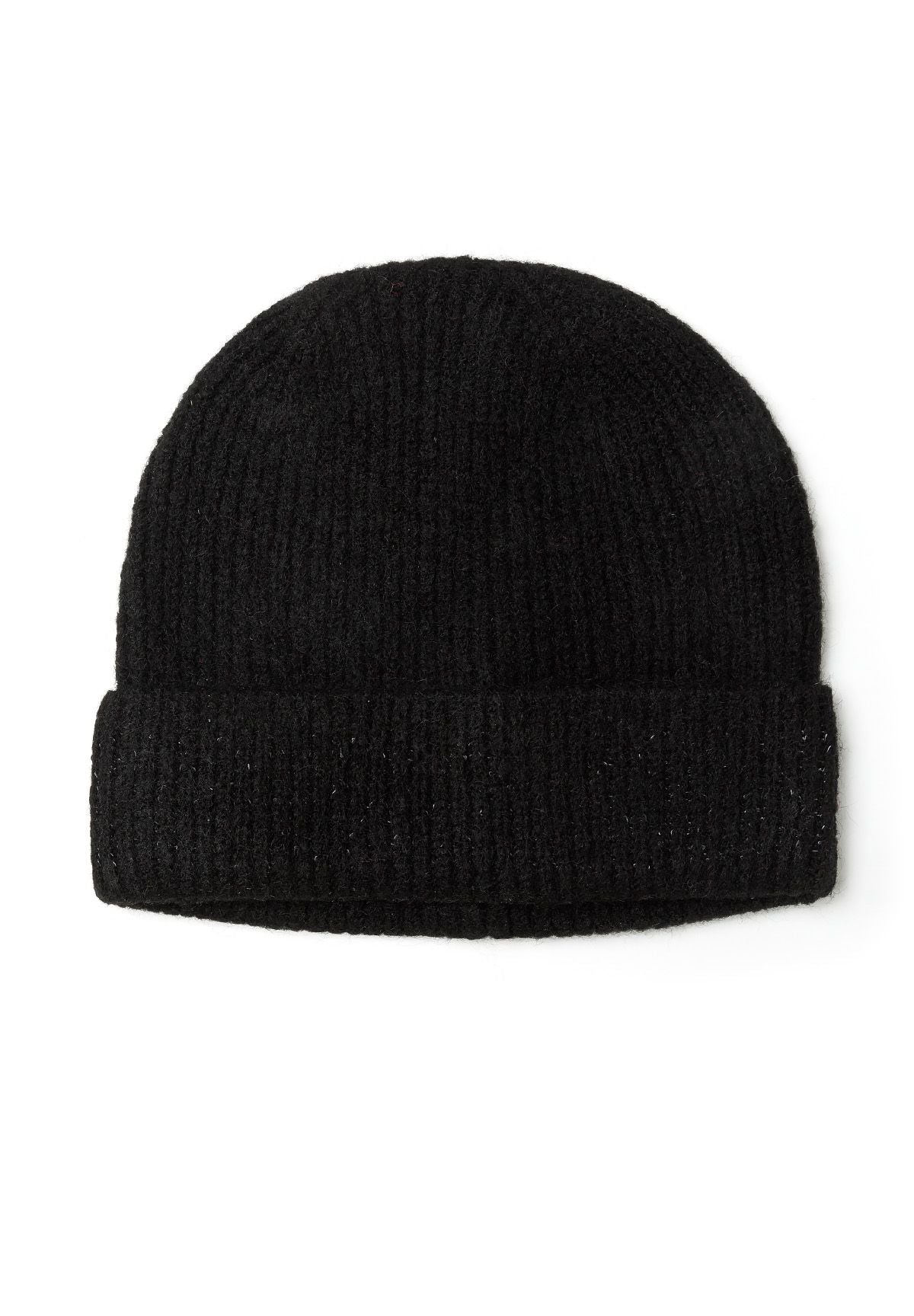 Unisex black knitted beanie hat, front view, features structured hem.