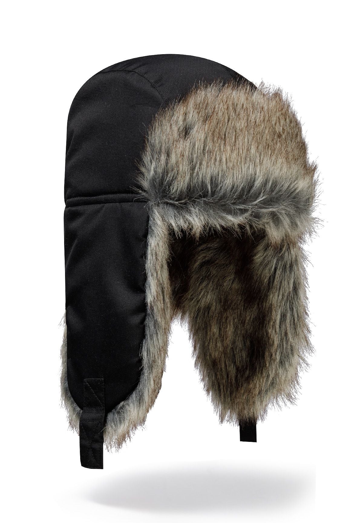 Unisex trapper hat in black with faux fur lining, side view.