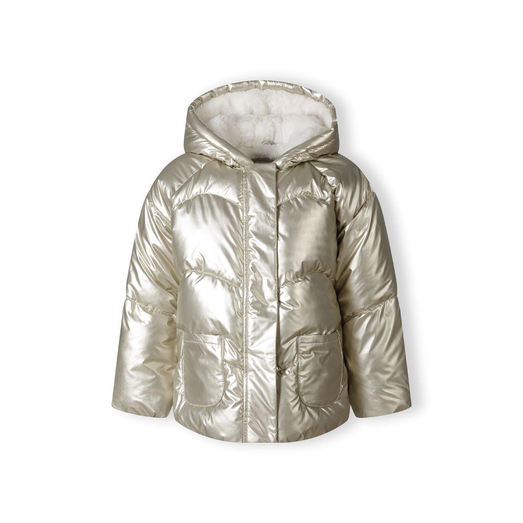 Flat lay view of metallic gold padded jacket showing quilted design, hood with fur lining, front zip closure and brand label